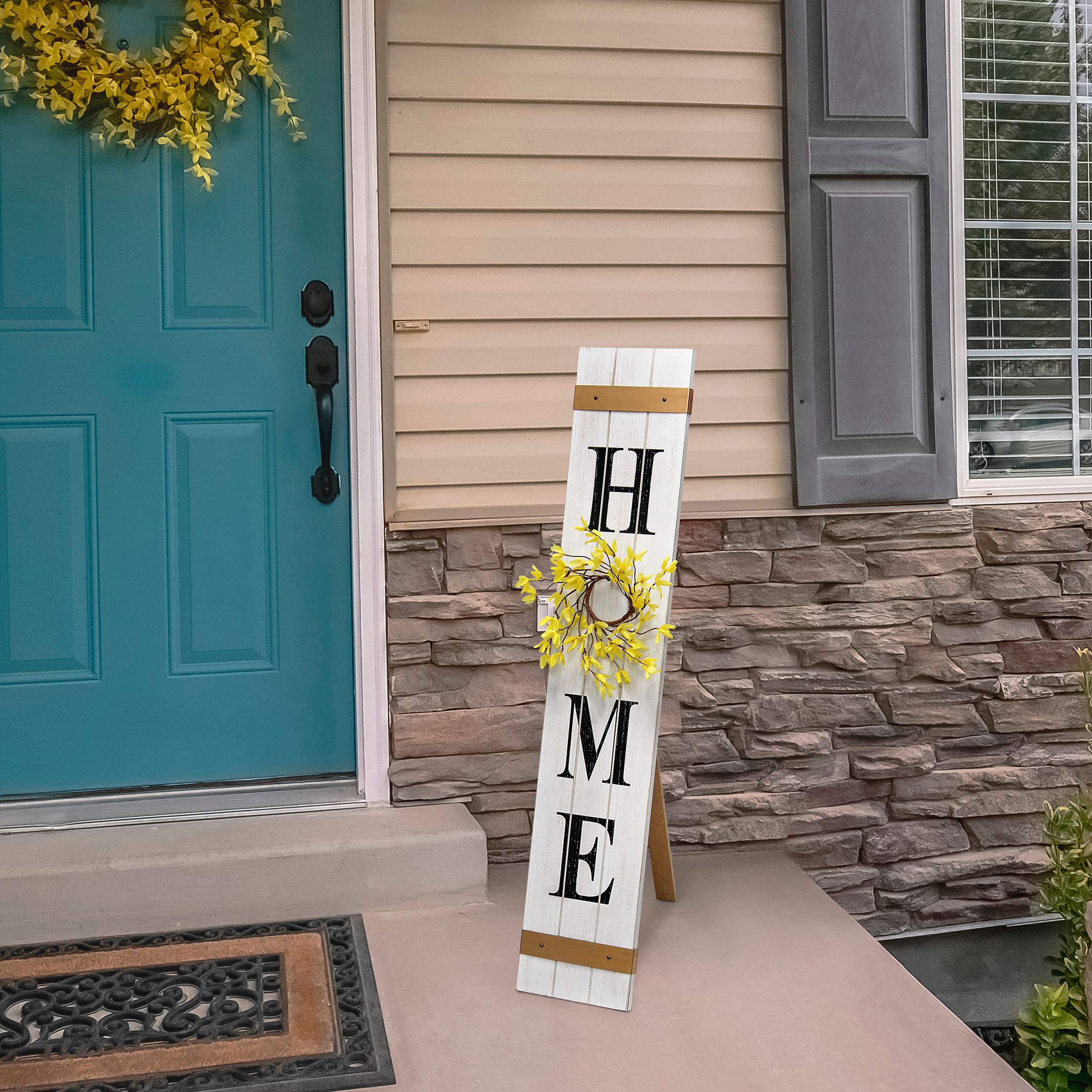 Elegant Designs&#x2122; 3.5ft. White Wash Home Porch Sign with 4 Floral Wreaths