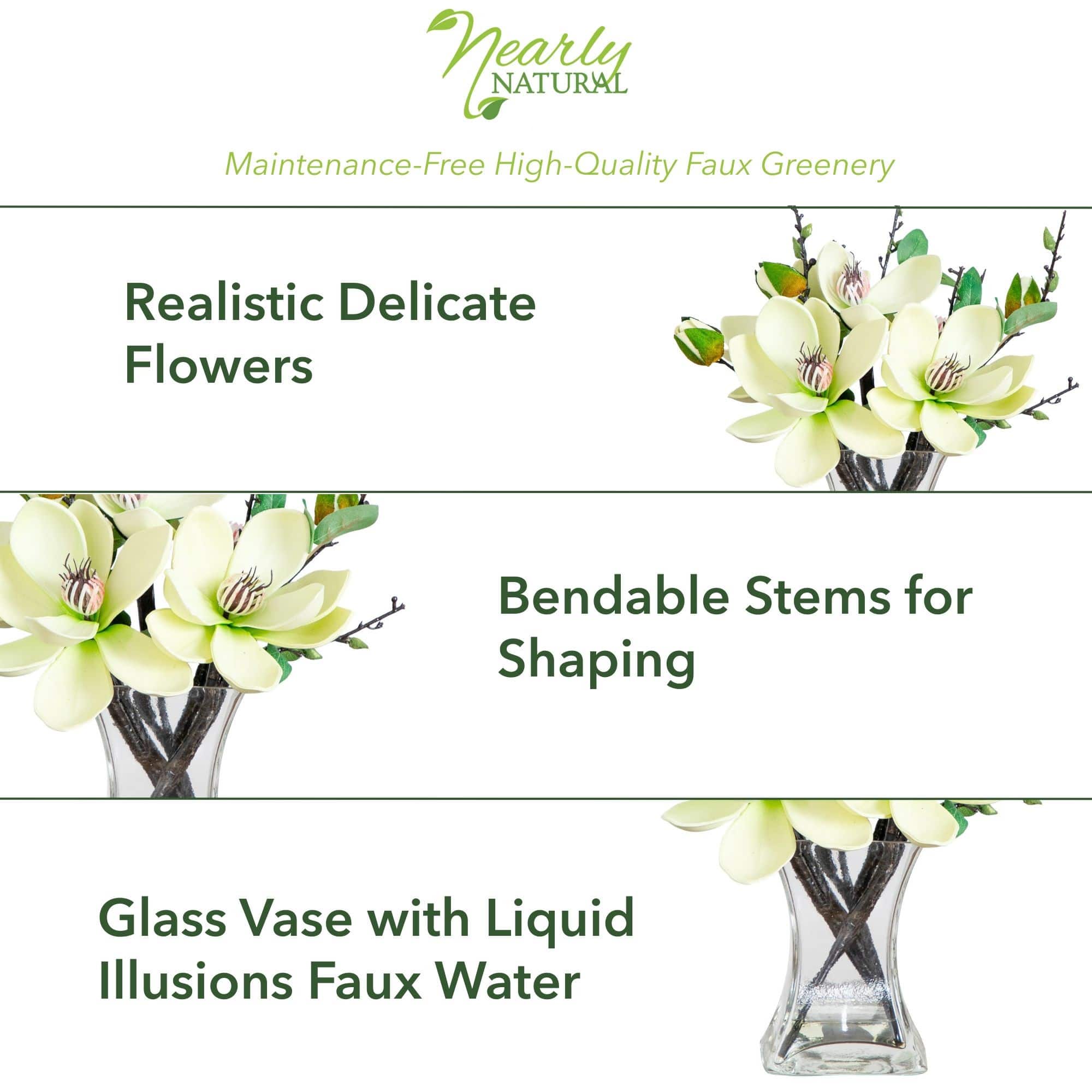 15" White Magnolia Arrangement with Glass Vase