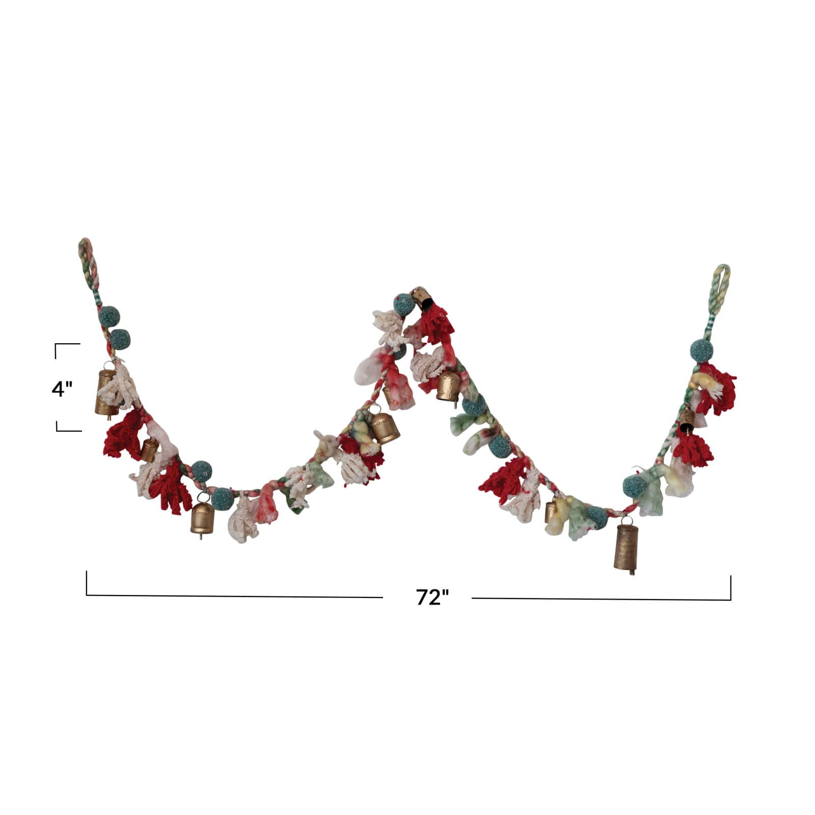 Hello Honey 6ft. Multicolor Handmade Wool &#x26; Cotton Blend Garland with Pom Poms &#x26; Antique Gold Metal Bells