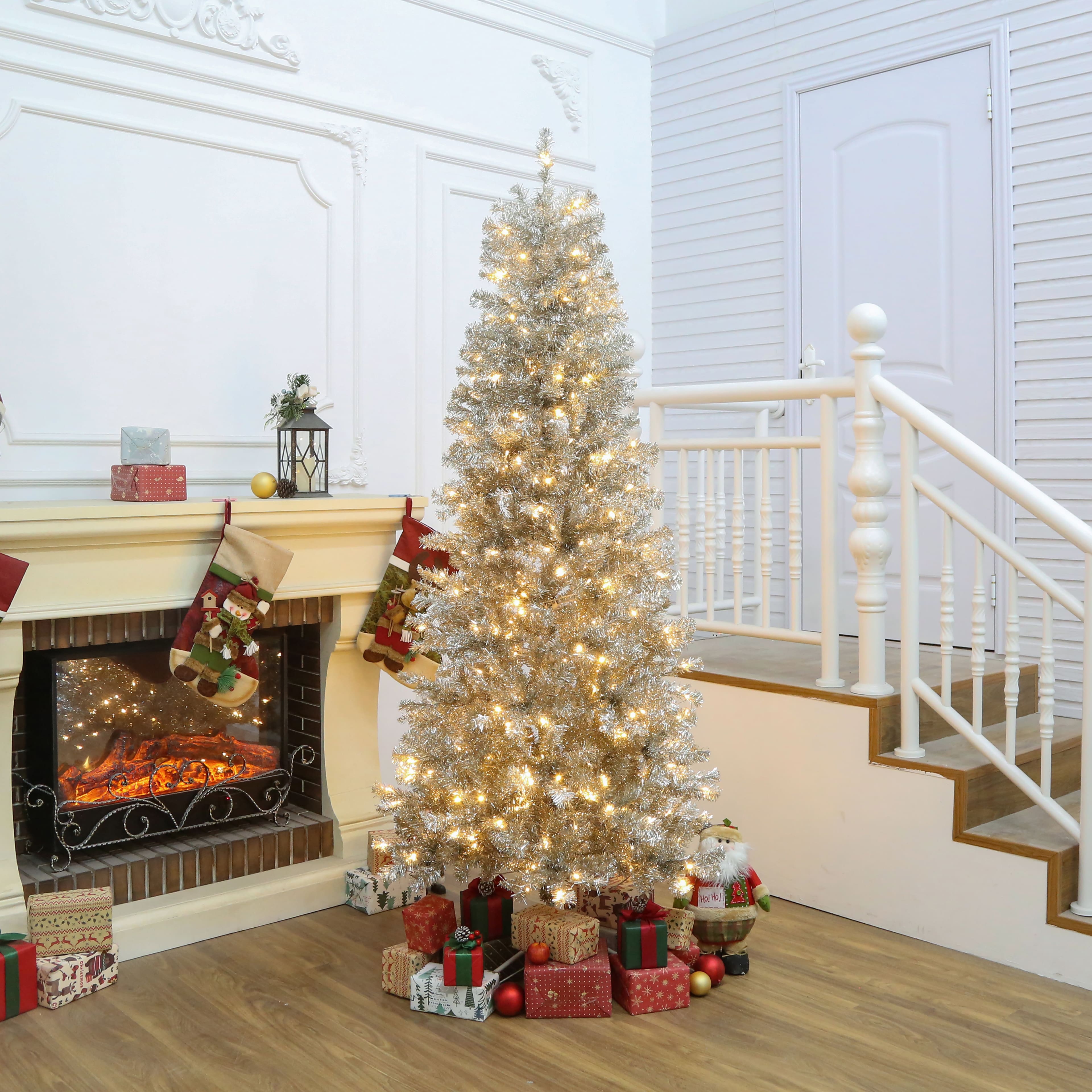 7ft. Pre-Lit Champagne Tinsel Artificial Christmas Tree, Warm White LED Lights by Ashland&#xAE;