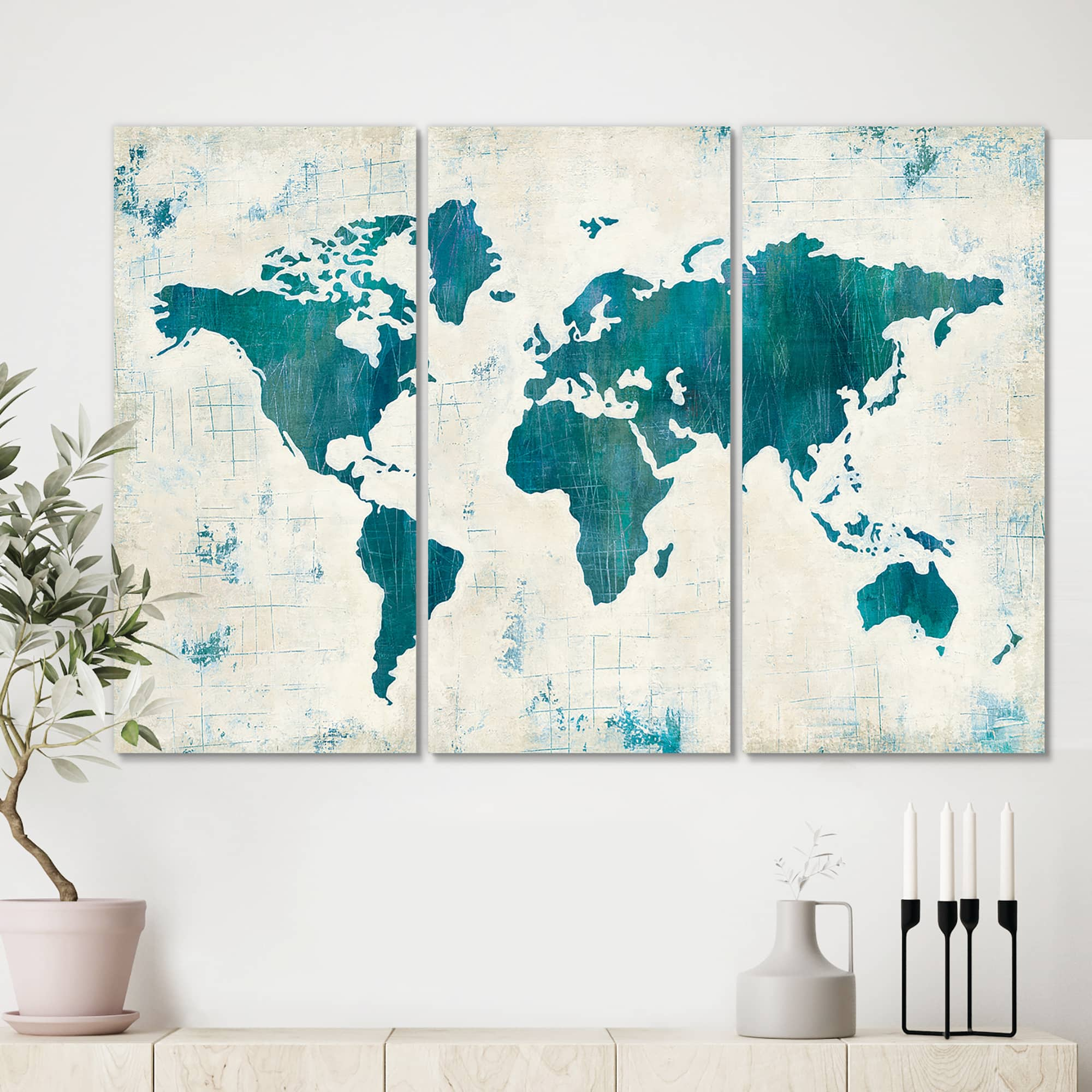 Designart - Discover the World Map in Blue - Traditional Canvas Artwork