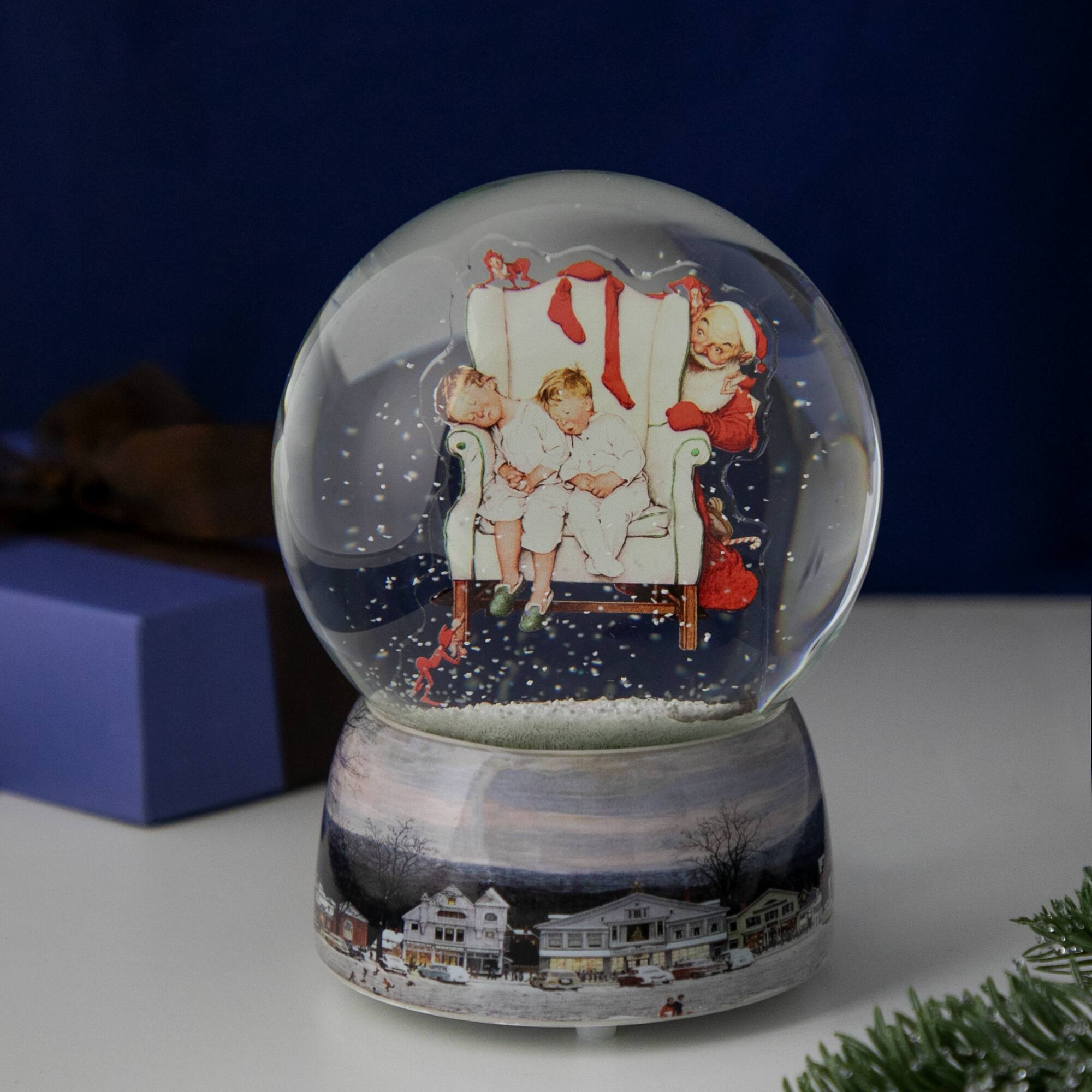 6.5" Norman Rockwell Santa Looking at Two Sleeping Children Christmas Snow Globe