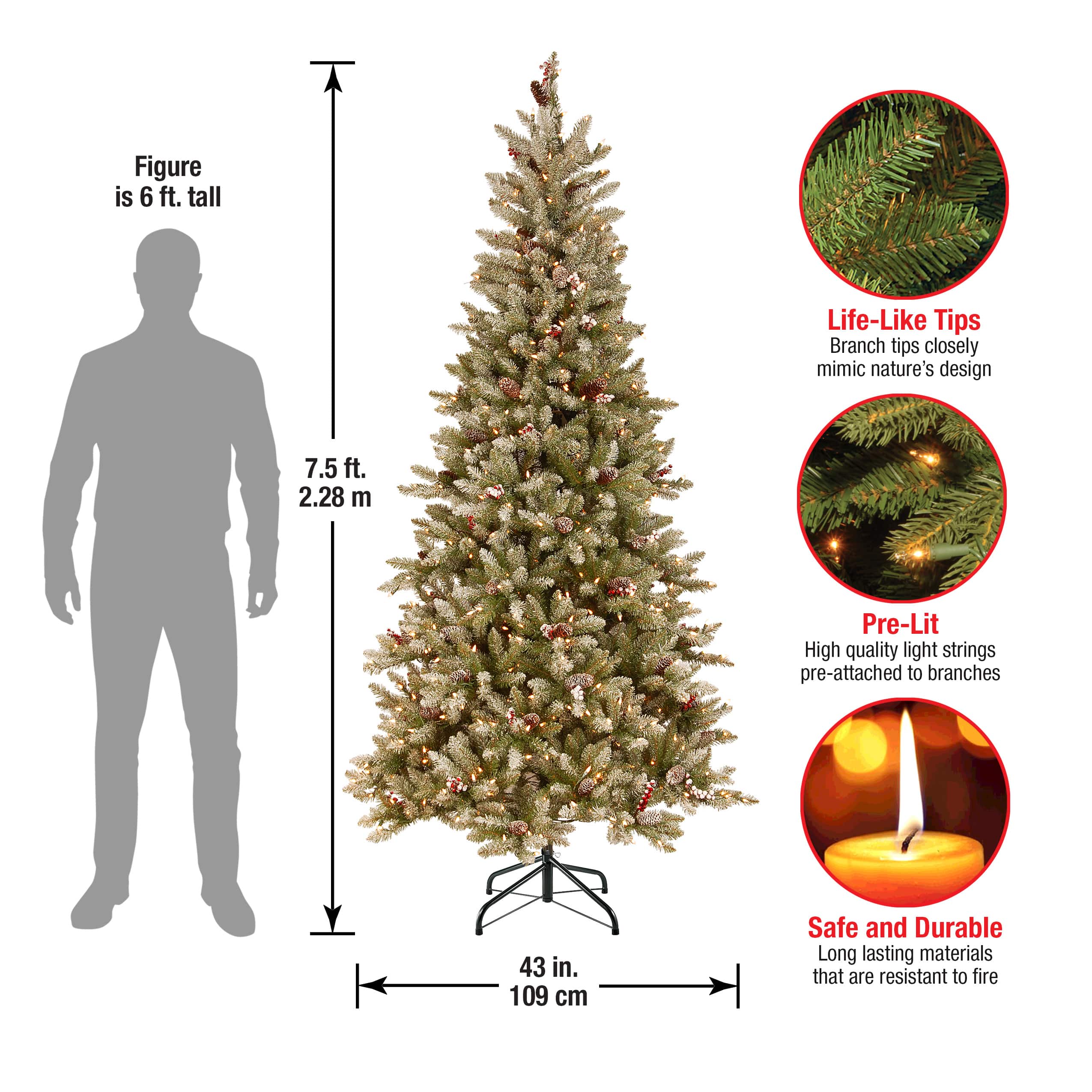7.5 ft. Pre-Lit Flocked Dunhill® Fir Slim Artificial Christmas Tree, Clear Lights