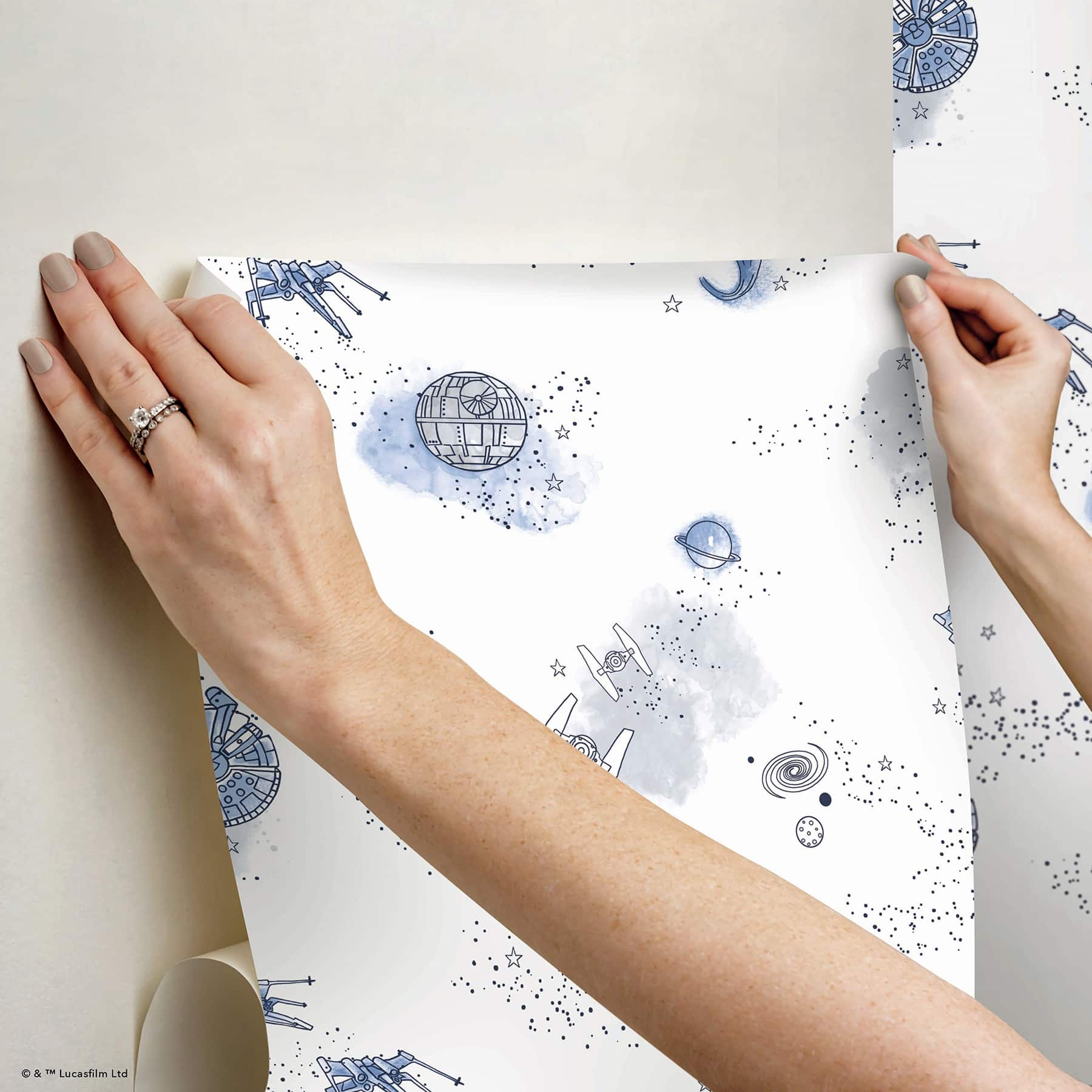 RoomMates STAR WARS Good Night Galaxy Blue and white STAR WARS&#x2122; Peel and Stick Wallpaper 20.5&#x22; x 18-ft roll covers about 30.8 sq. ft