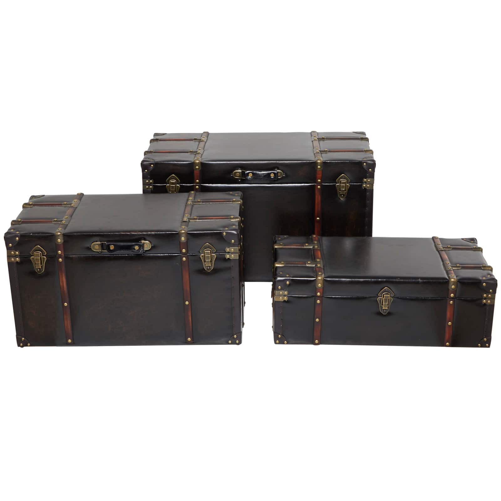 Dark Brown Faux Leather Studded Trunk with Latches & Handles Set