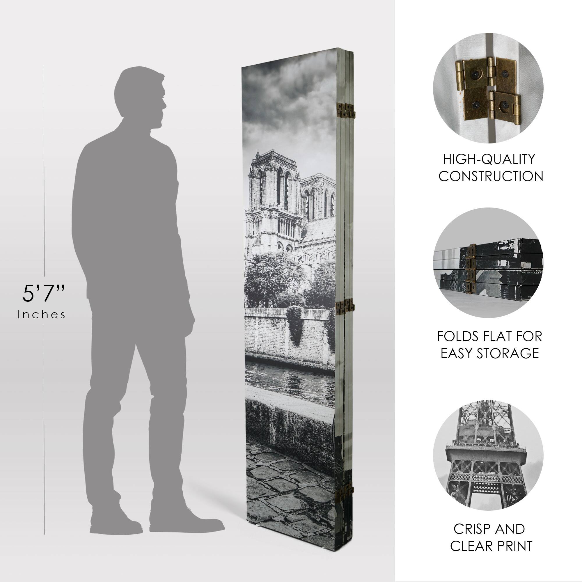 American Art Decor™ 6ft. Double-Sided 4-Panel Black and White Eiffel Tower & Notre Dame Bike Canvas Room Divider
