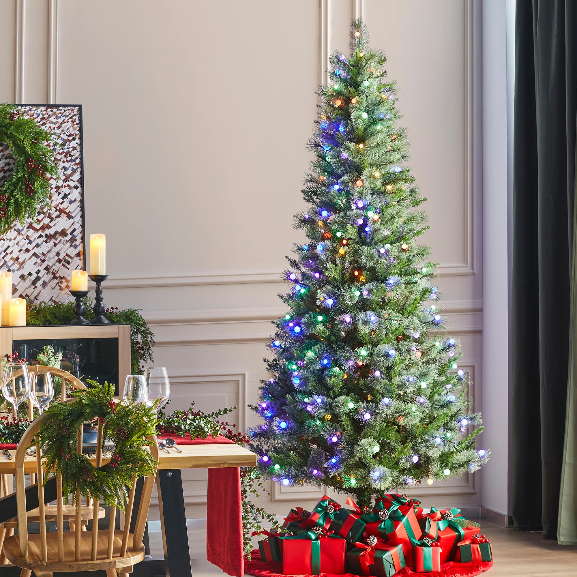 Glitzhome&#xAE; 7.5ft Pre-Lit Green Cashmere Slim Pine Artificial Christmas Tree, Multicolor LED Lights
