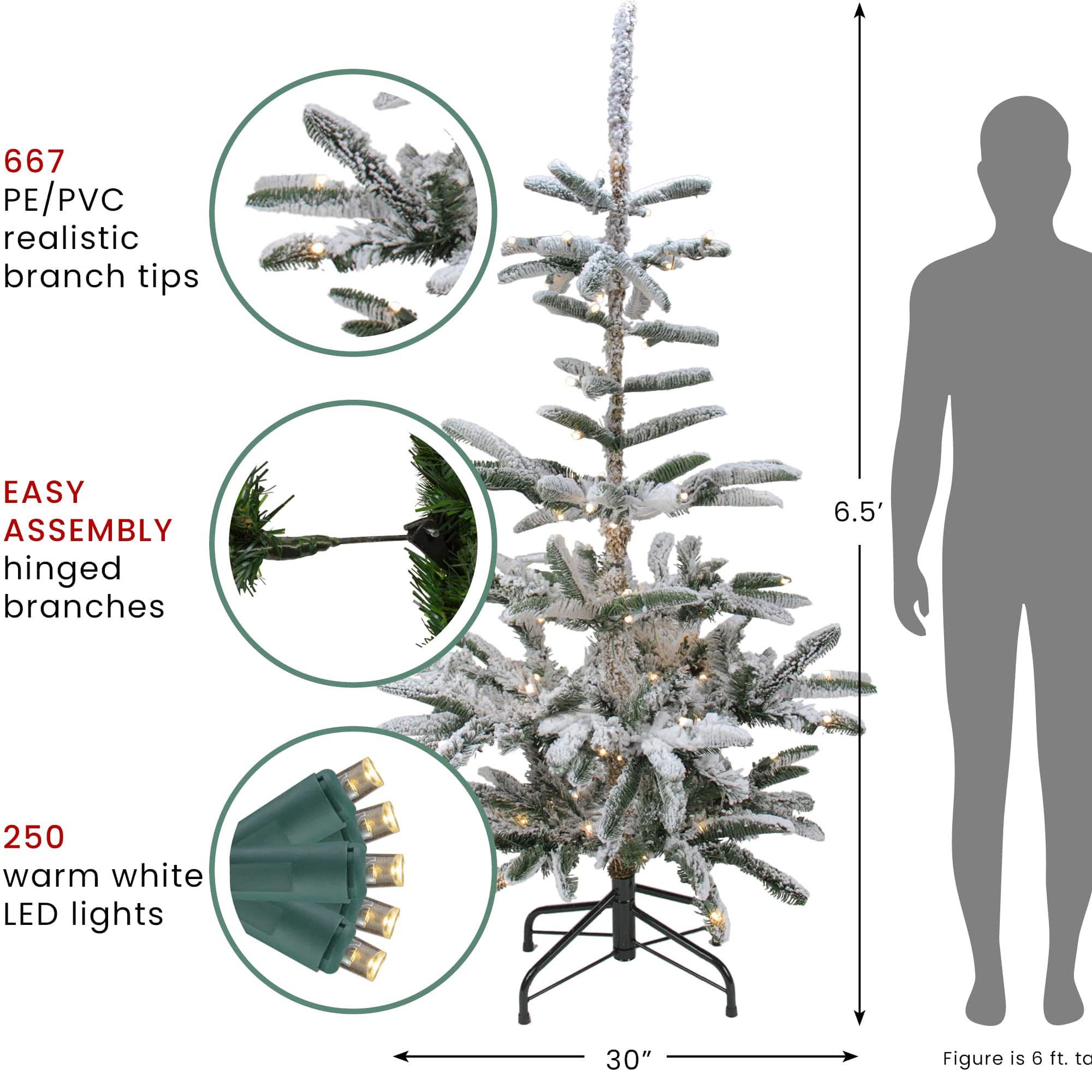 6.5ft. Pre-Lit Flocked Nordmann Fir Artificial Christmas Tree, Warm White LED Lights