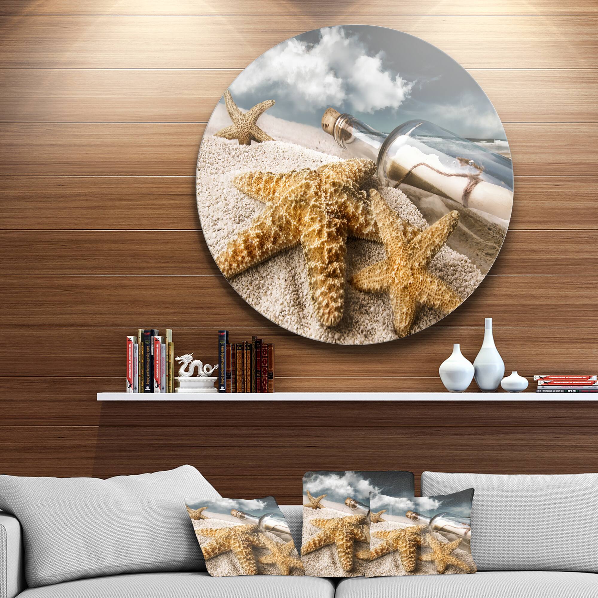 Designart - Message Bottle Buried in Sand' Disc Seascape Metal Circle Wall Art