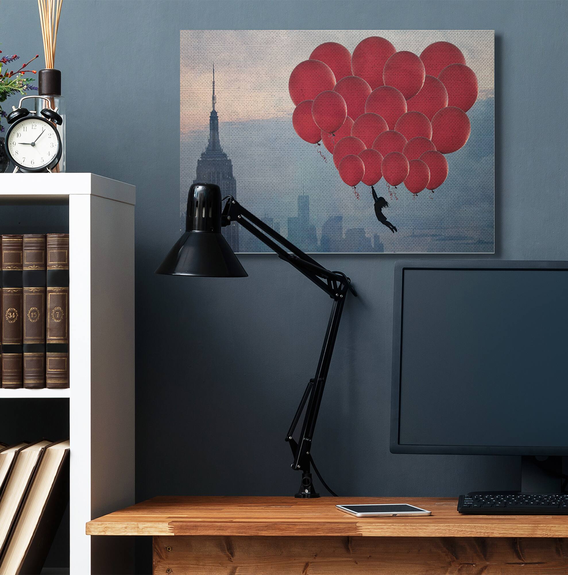 Stupell Industries Cityscape Girl Balloons Abstract Modern Collage Design Canvas Wall Art