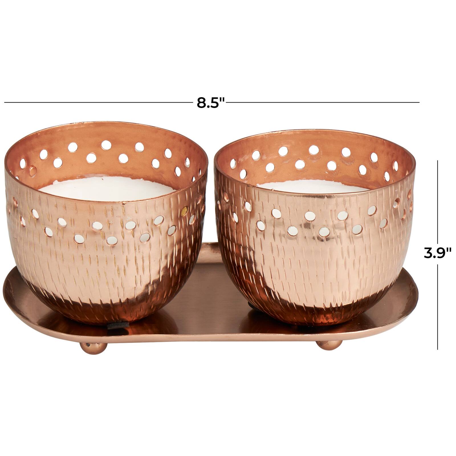 White Wax Sauvignon Blanc Scented Candle Set with Cutout Spotted Copper Container and Oval Holding Tray