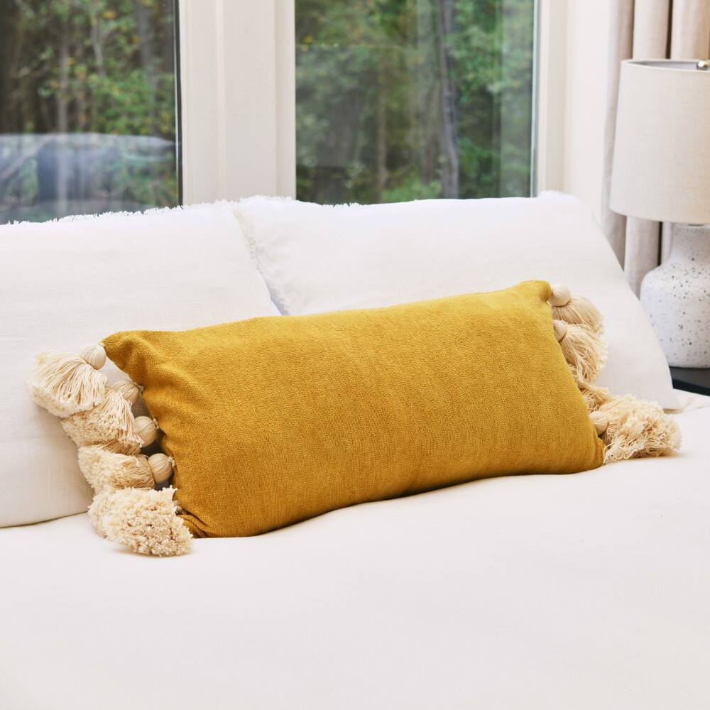 Hello Honey&#xAE; Yellow Chenille Lumbar Pillow with Tassels