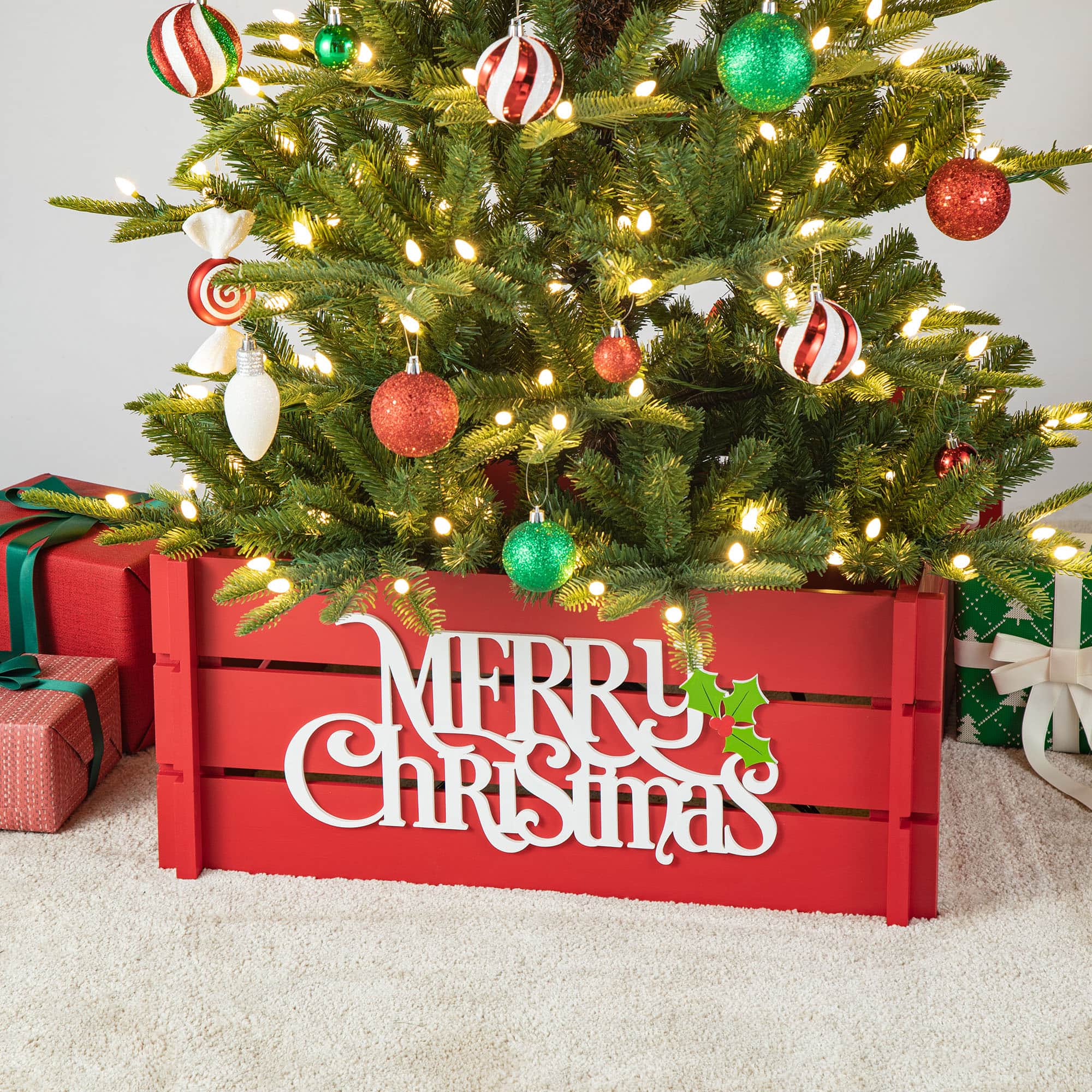 Glitzhome&#xAE; Red Merry Christmas Crate Tree Collar