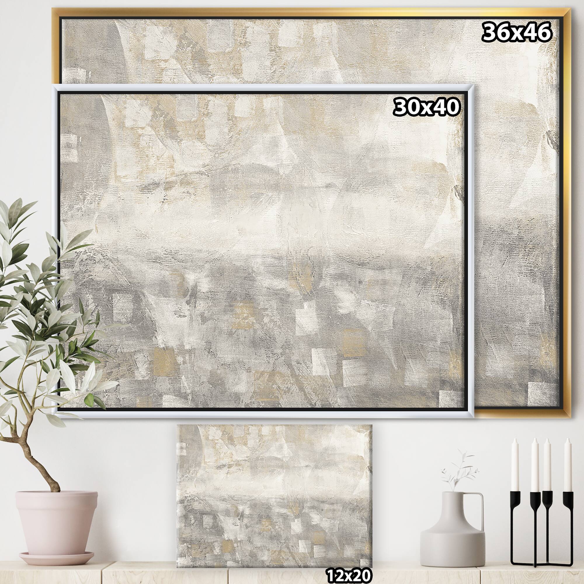 Designart - Gray Abstract Watercolor - Contemporary Canvas in Gold Frame