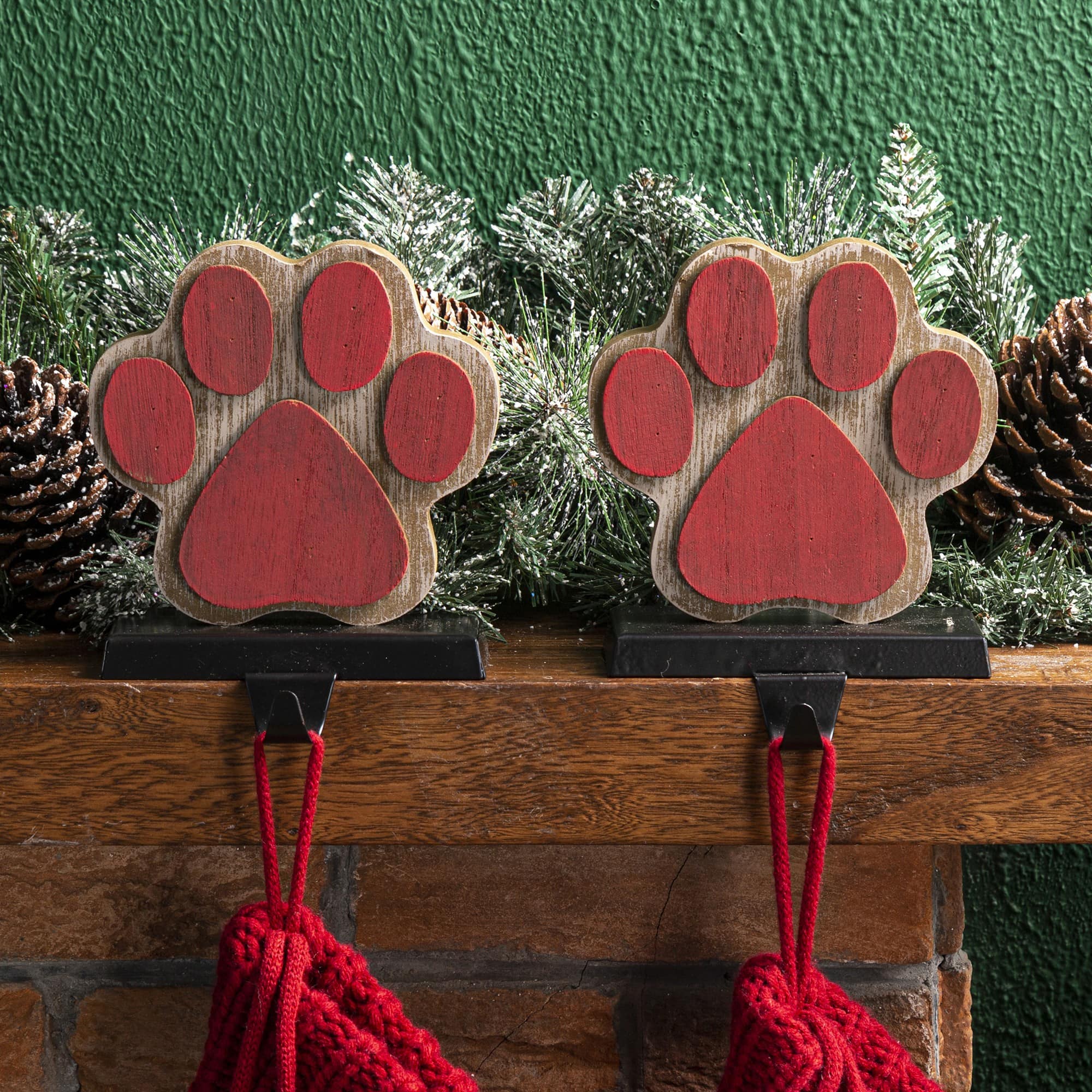 Glitzhome&#xAE; Paw Print Christmas Stocking Holder Set