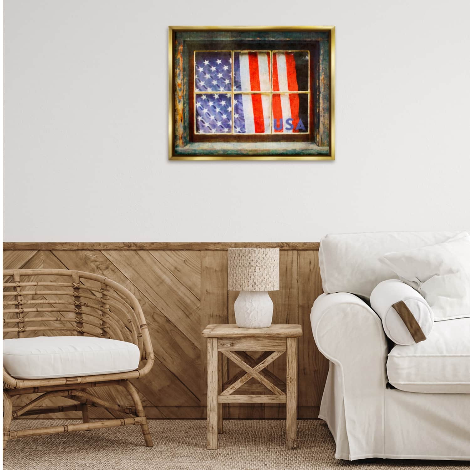 Stupell Industries Patriotic American Flag Rustic Window Festive Home Floater Framed Art
