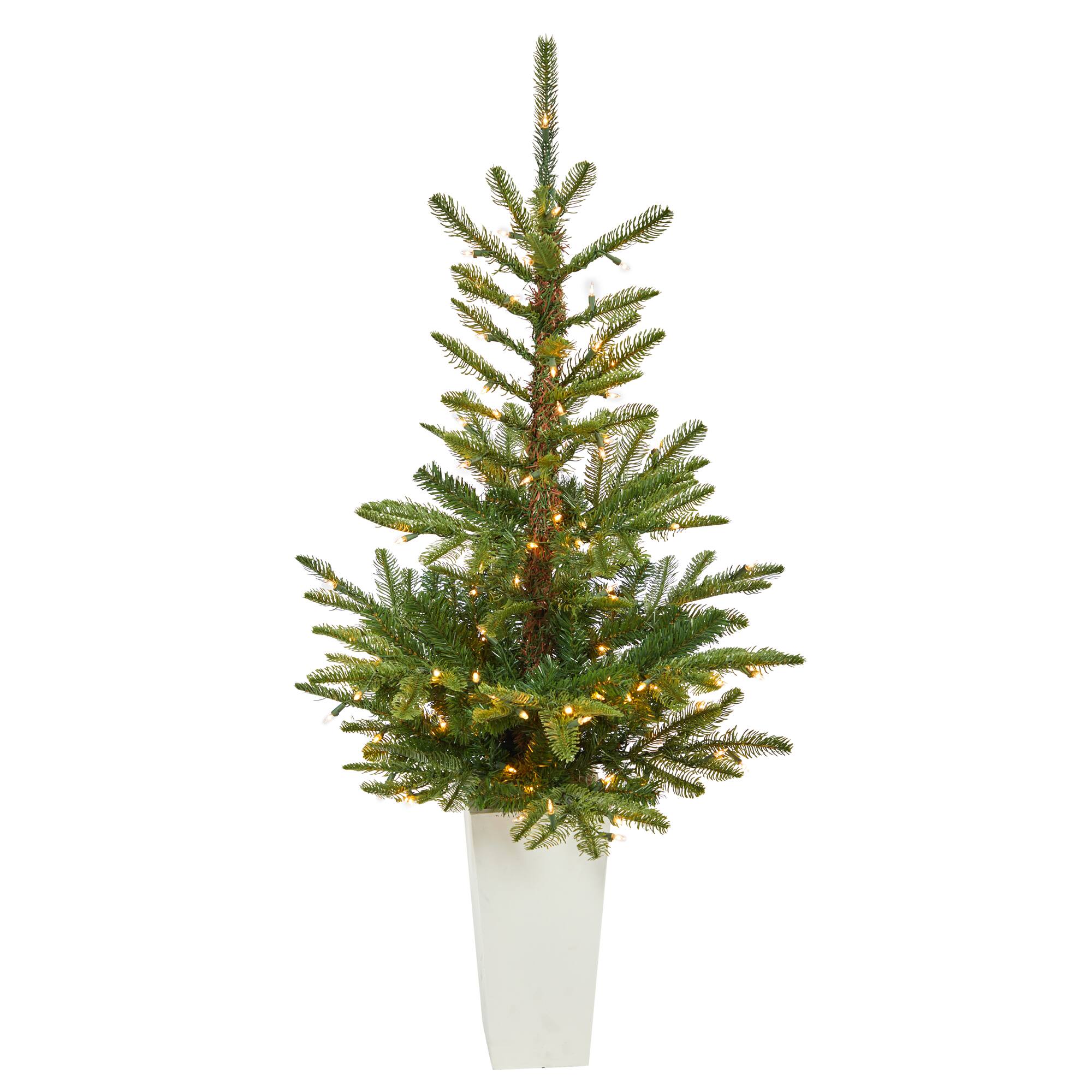 4.5ft. Pre-Lit Layered Washington Spruce Artificial Christmas Tree In White Planter, Clear LED Lights