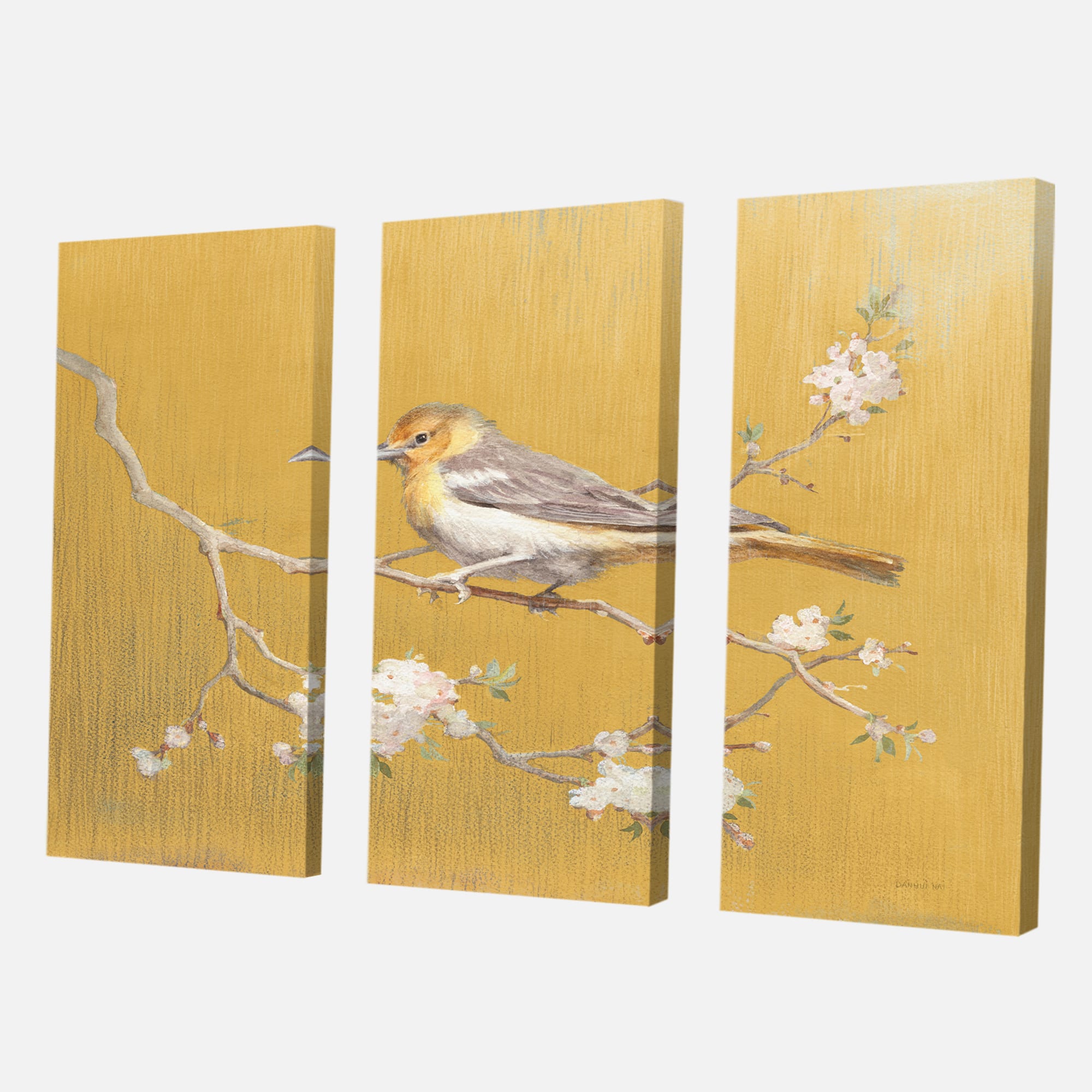 Designart - Gold Bird on Blossoms I - Farmhouse Gallery-wrapped Canvas