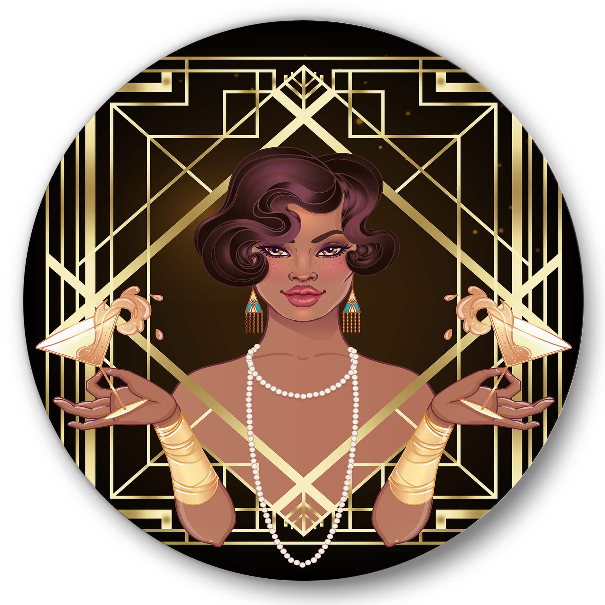 Designart - Retro Women In Golden Art Deco Geometrics I - Modern Metal Circle Wall Art