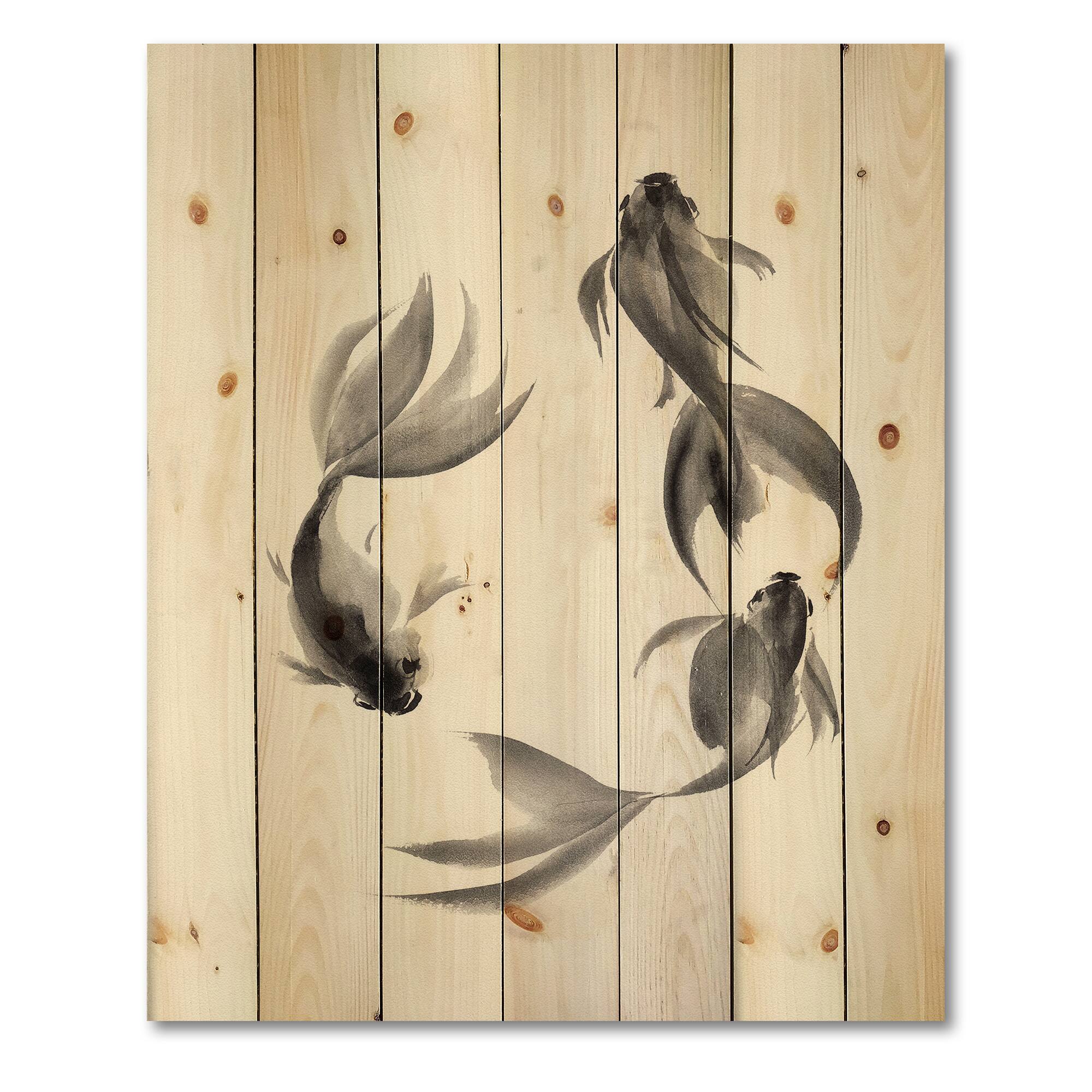 Designart - Monochrome Vintage Fish III - Nautical & Coastal Print on Natural Pine Wood