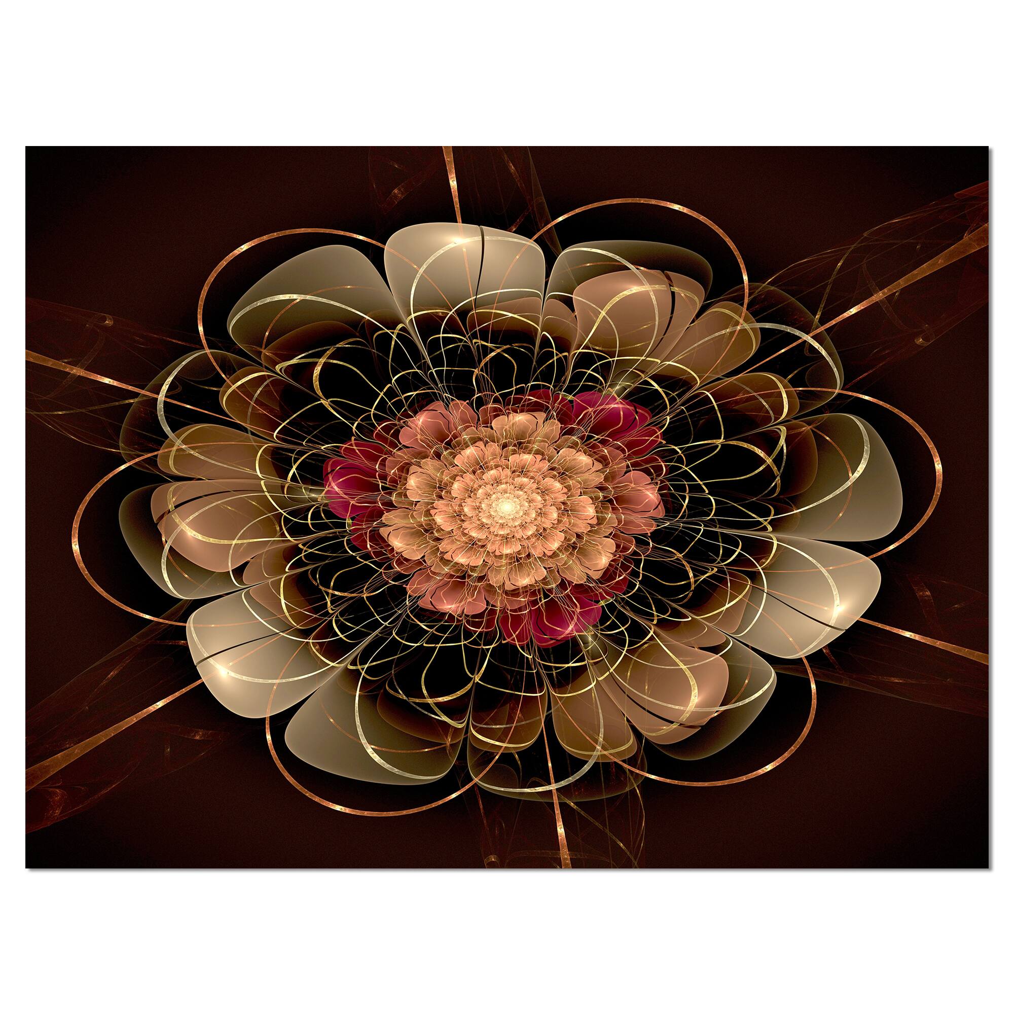 Designart - Dark Gold Red Fractal Flower Pattern - Extra Large Floral Wall Art