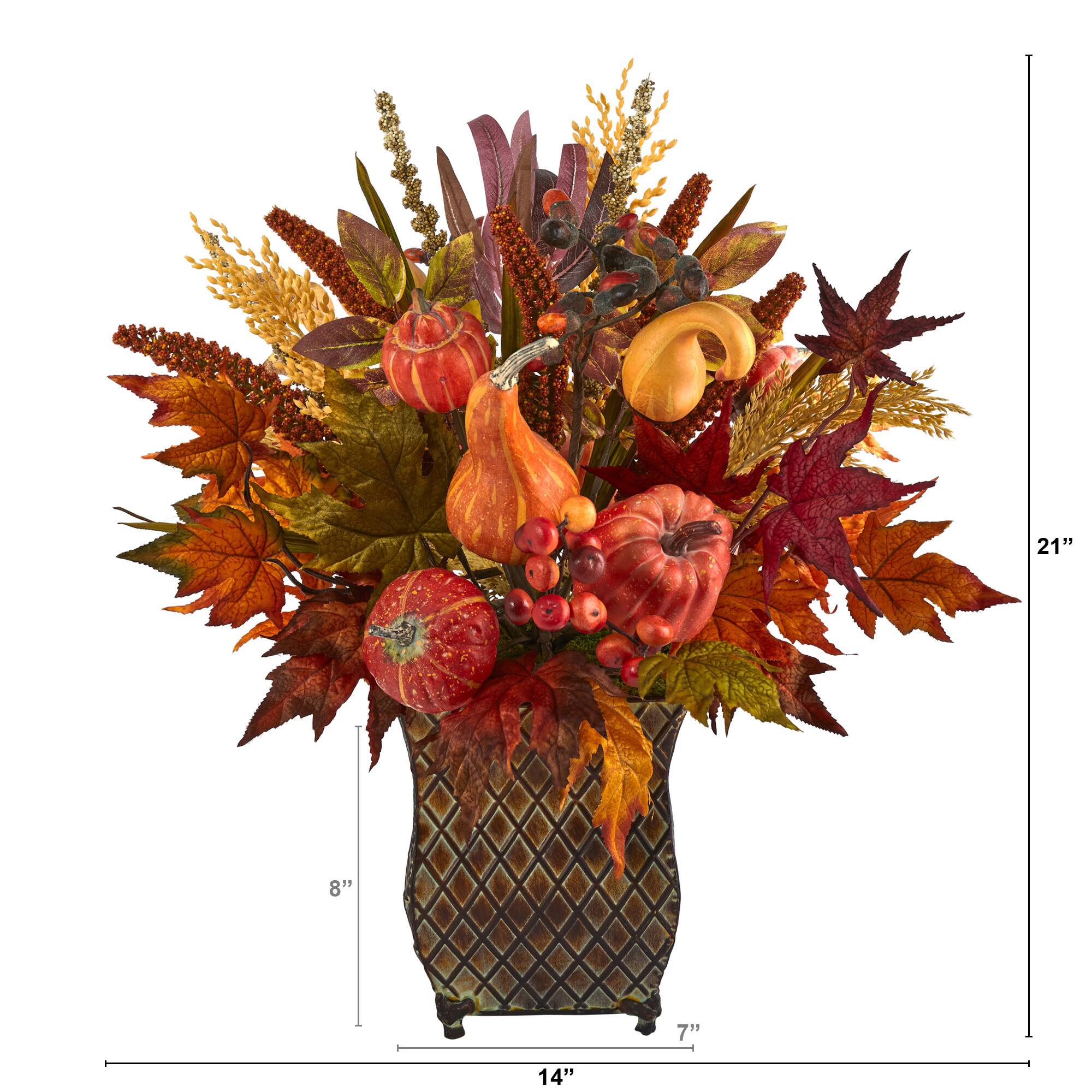 21in. Pumpkin, Maple Leaf, Sorghum Harvest Arrangement in Metal Planter