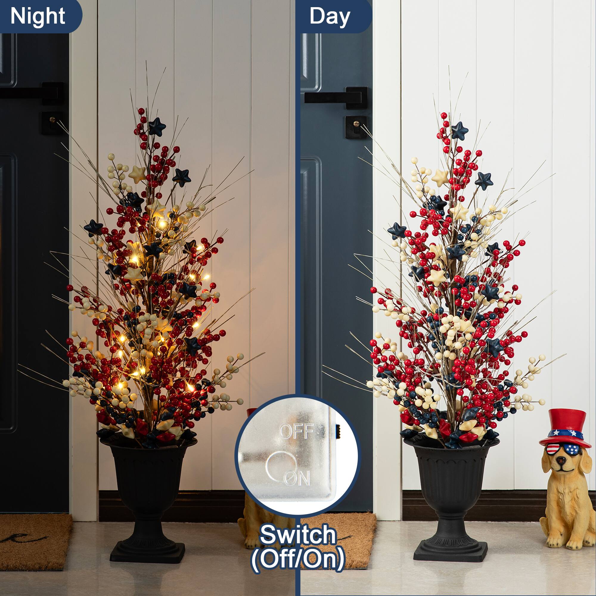 Glitzhome® 36" Lighted Patriotic Americana Berry & Stars Urn Porch Tree