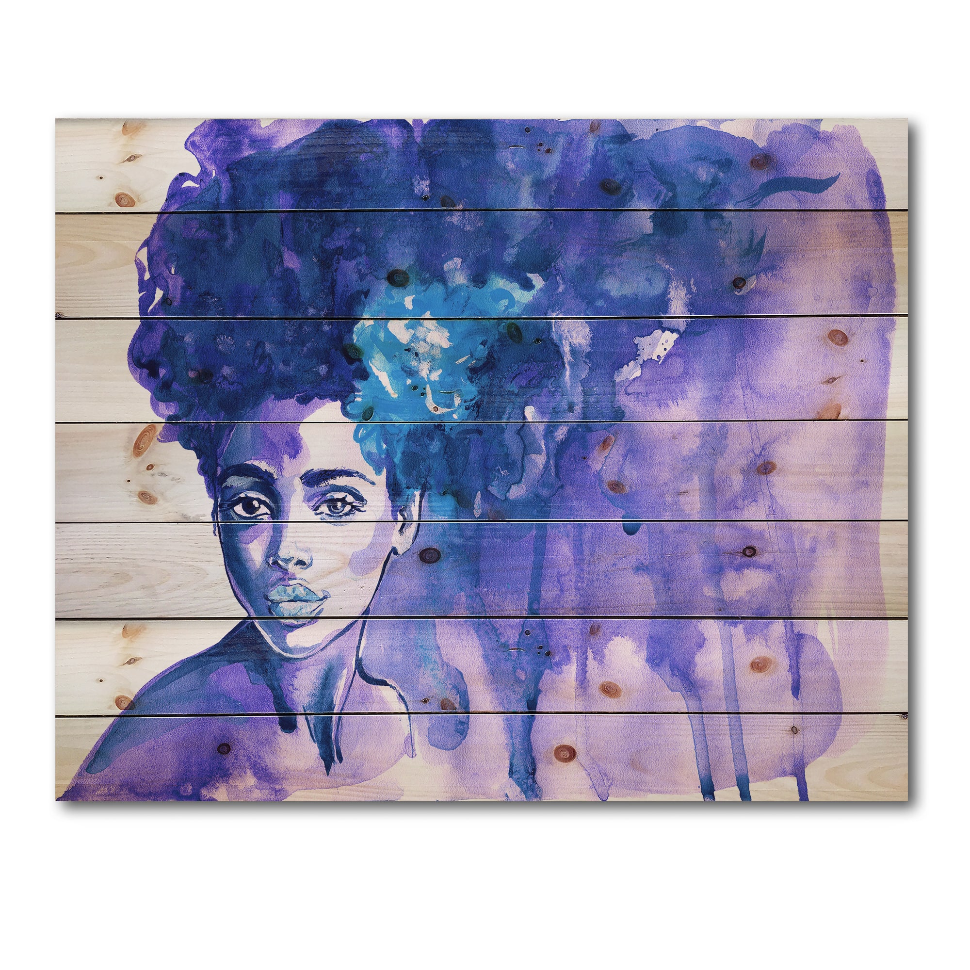Designart - Glorious Blue Portrait of African American Woman - Modern Print on Natural Pine Wood