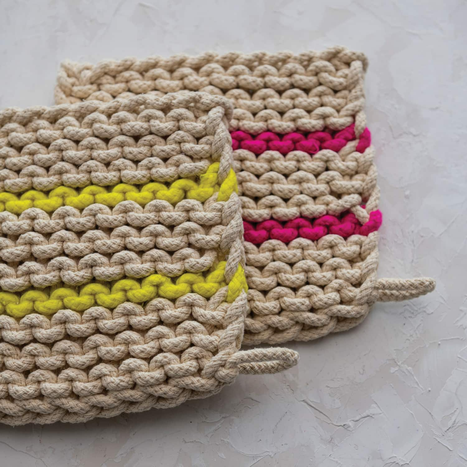 8&#x22; Neon Striped Multicolor Square Cotton Crocheted Pot Holder Set