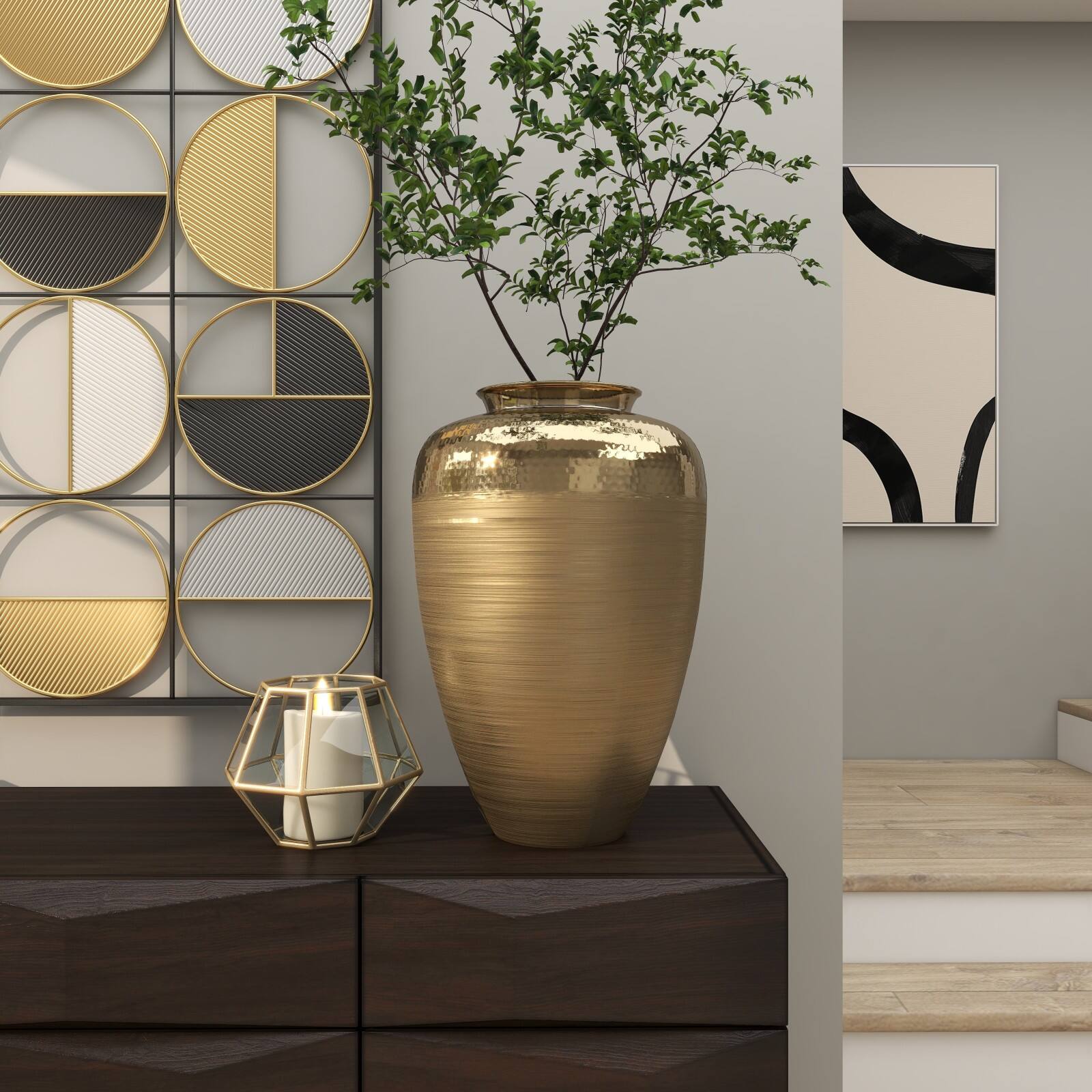 18&#x22; Gold Aluminum Brushed Vase with Hammered Top
