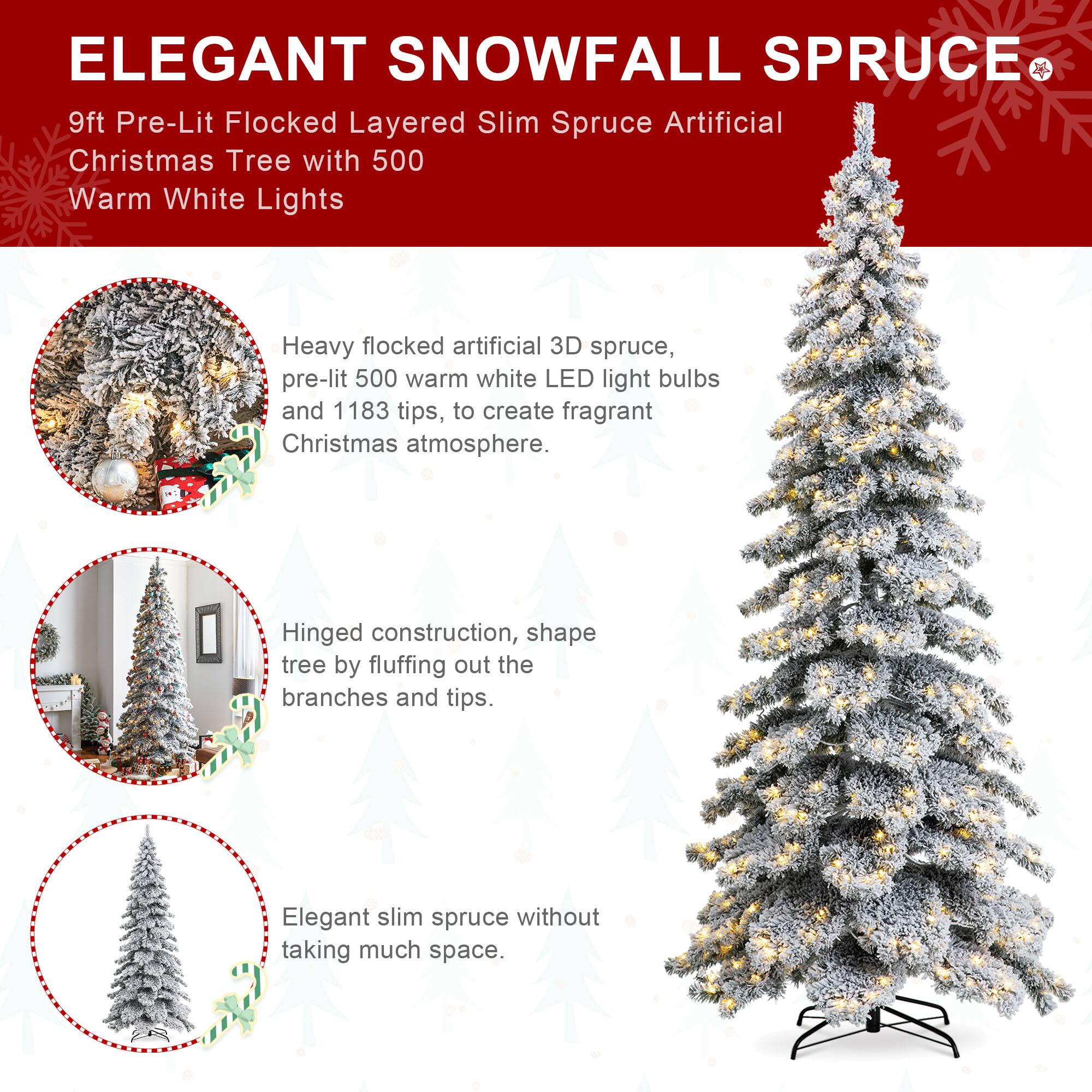 9ft. Pre-Lit Flocked Layered Spruce Artificial Christmas Tree, Warm White LED Lights