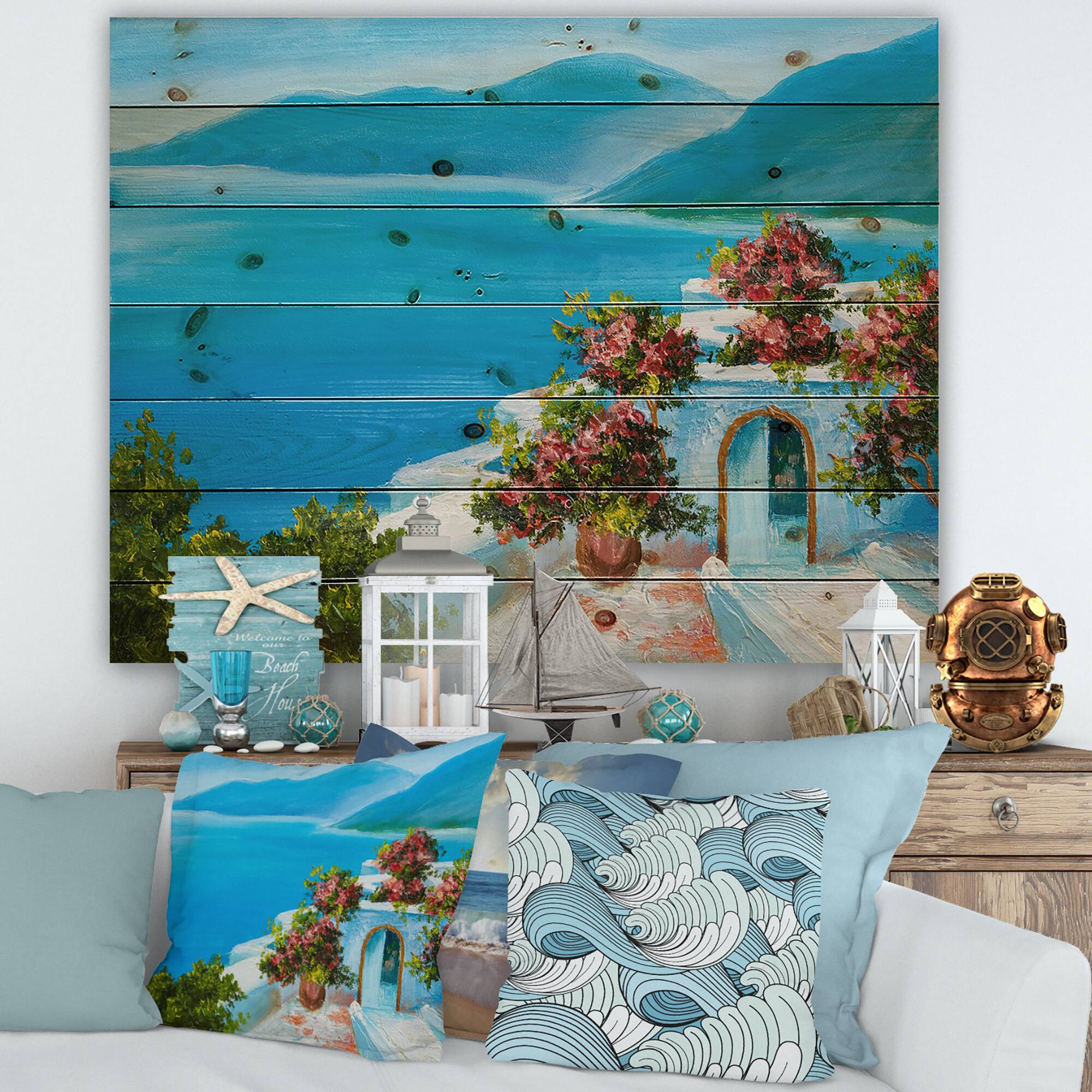 Designart - House Near The Sea Colorful Flowers I - Nautical &#x26; Coastal Print on Natural Pine Wood