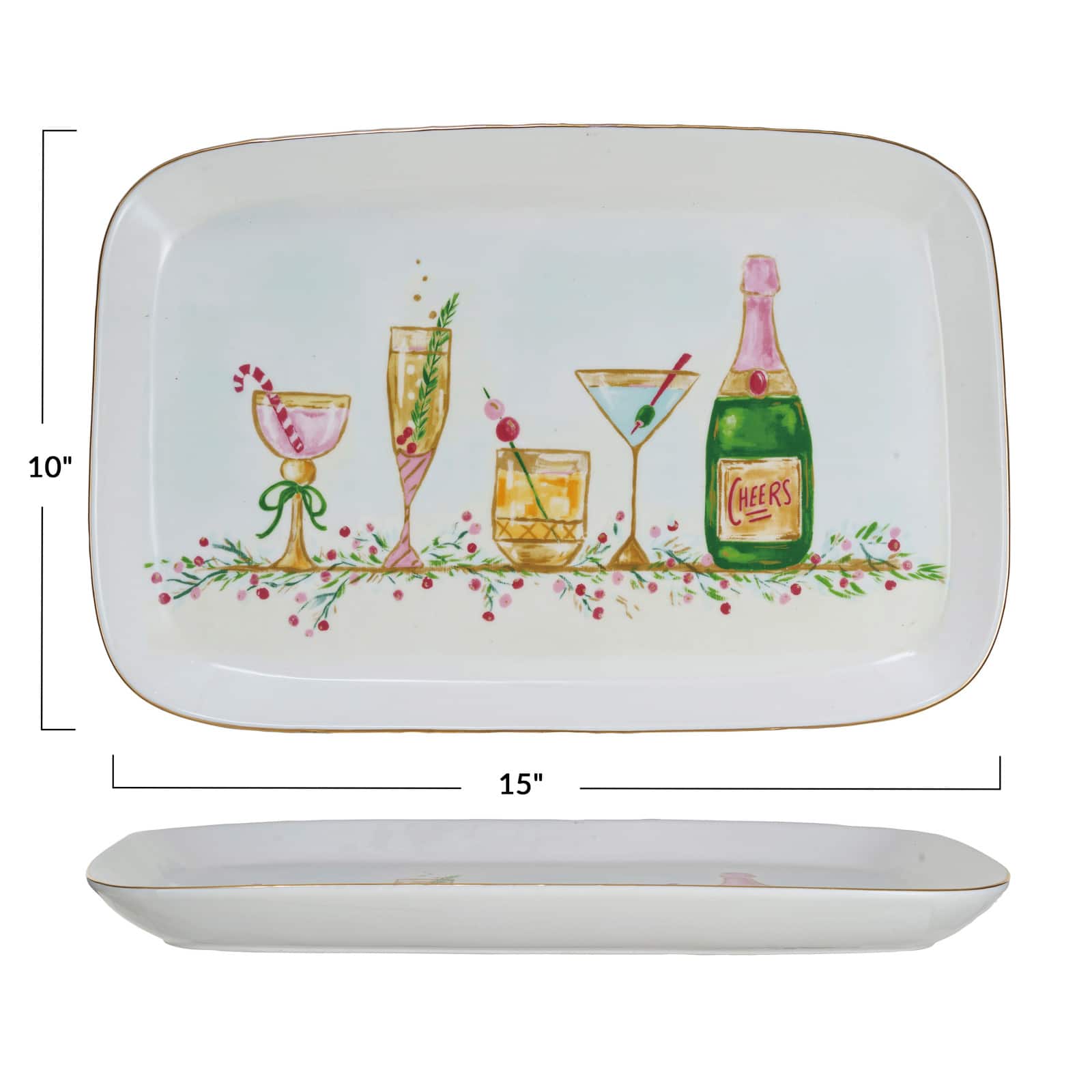 Hello Honey® 15" Stoneware Platter with Holiday Cocktails & Gold Electroplating
