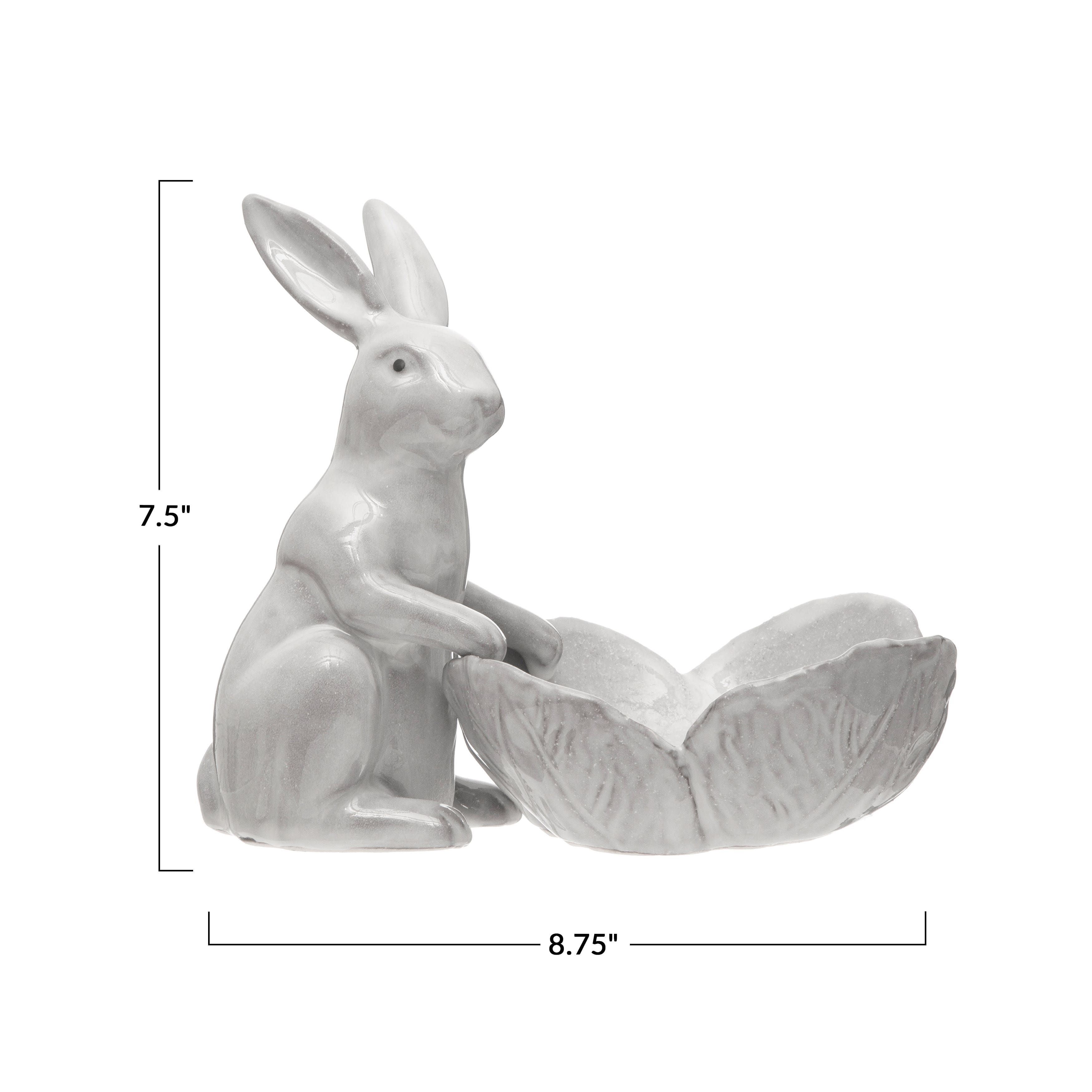 8&#x22; White Stoneware Rabbit Figurine with Flower Shaped Bowl