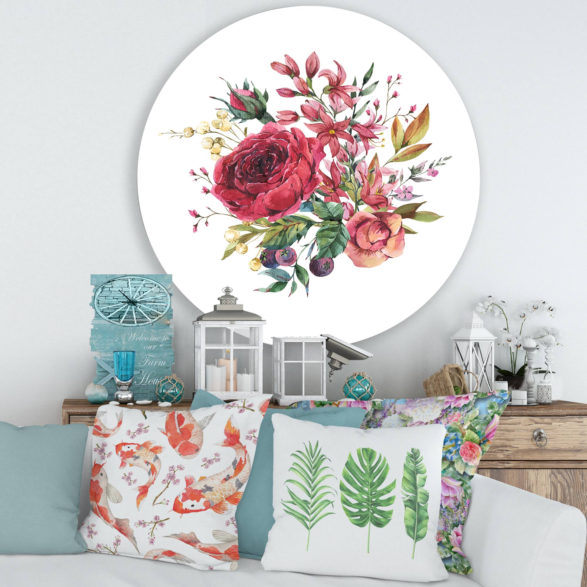 Designart - Vintage Burgundy Rose and Wildflowers - Farmhouse Metal Circle Wall Art