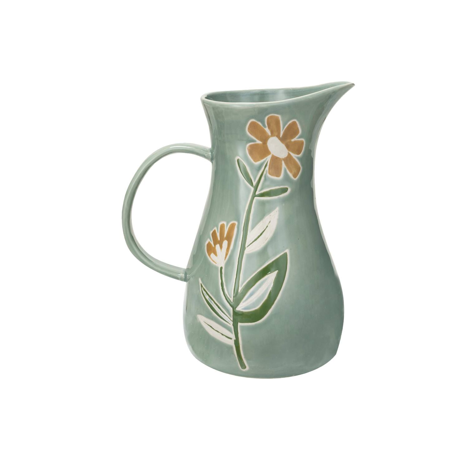 10&#x22; Hand-Painted Wax Relief Pattern Stoneware Pitcher