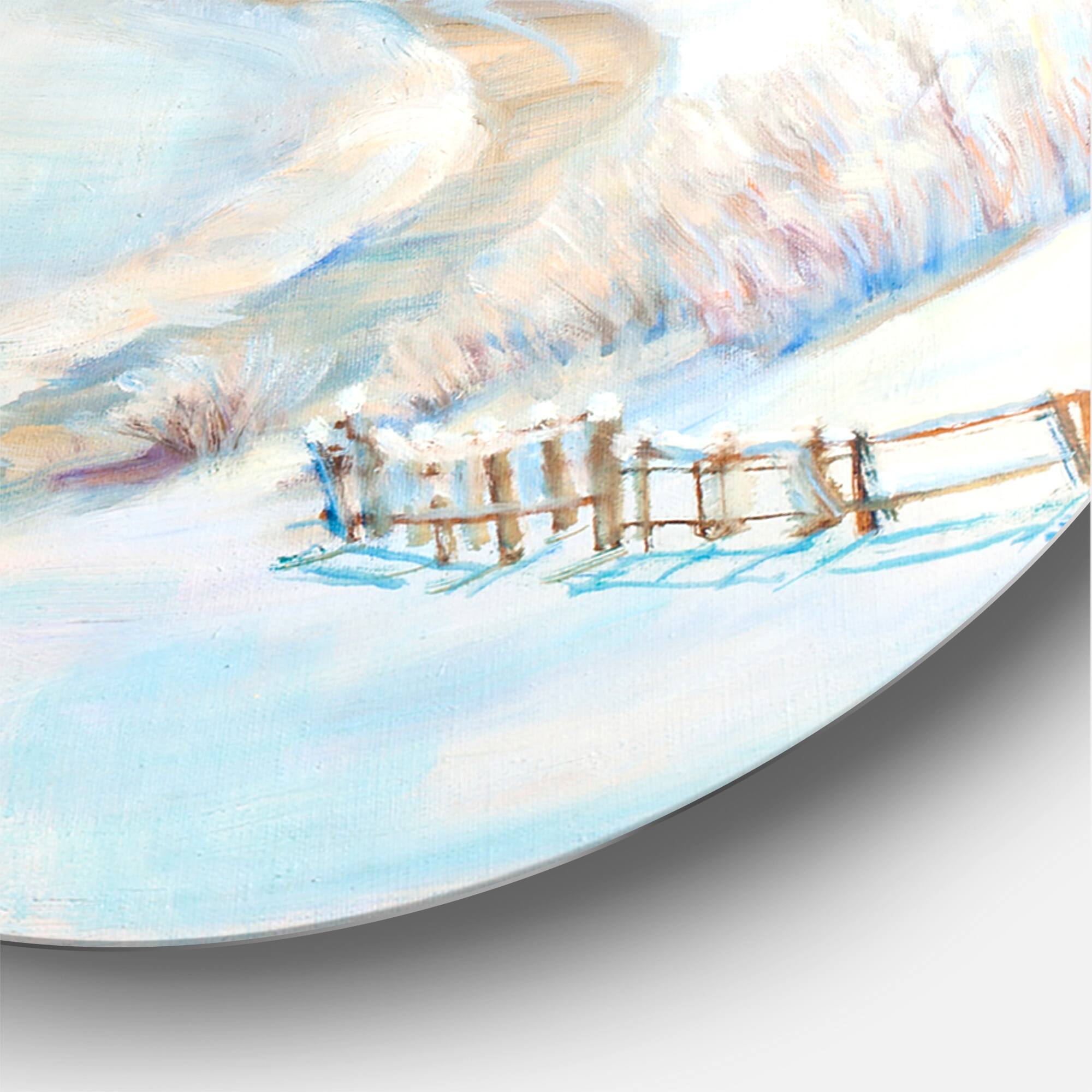 Designart - Country Road In Winter Landscape With Temple - Traditional Metal Circle Wall Art
