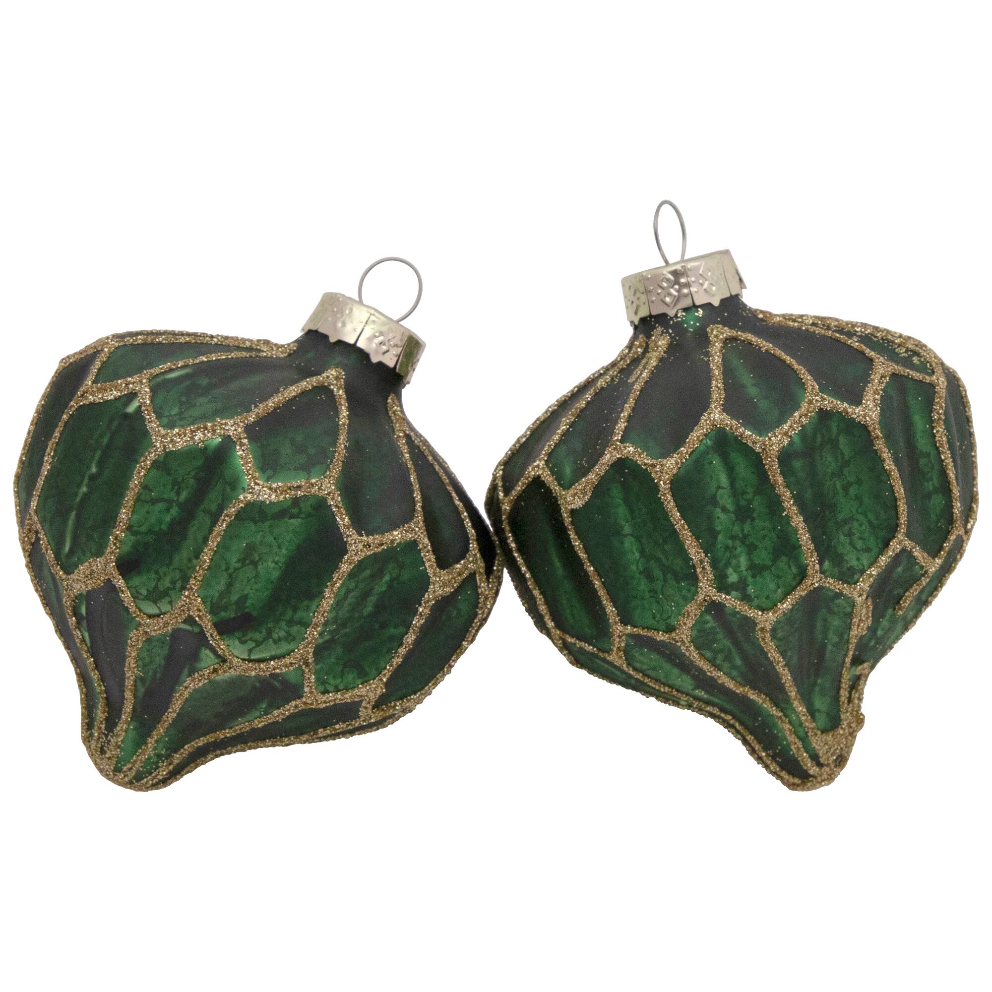 4ct. Green with Gold Glitter Onion & Finial Glass Christmas Ornaments