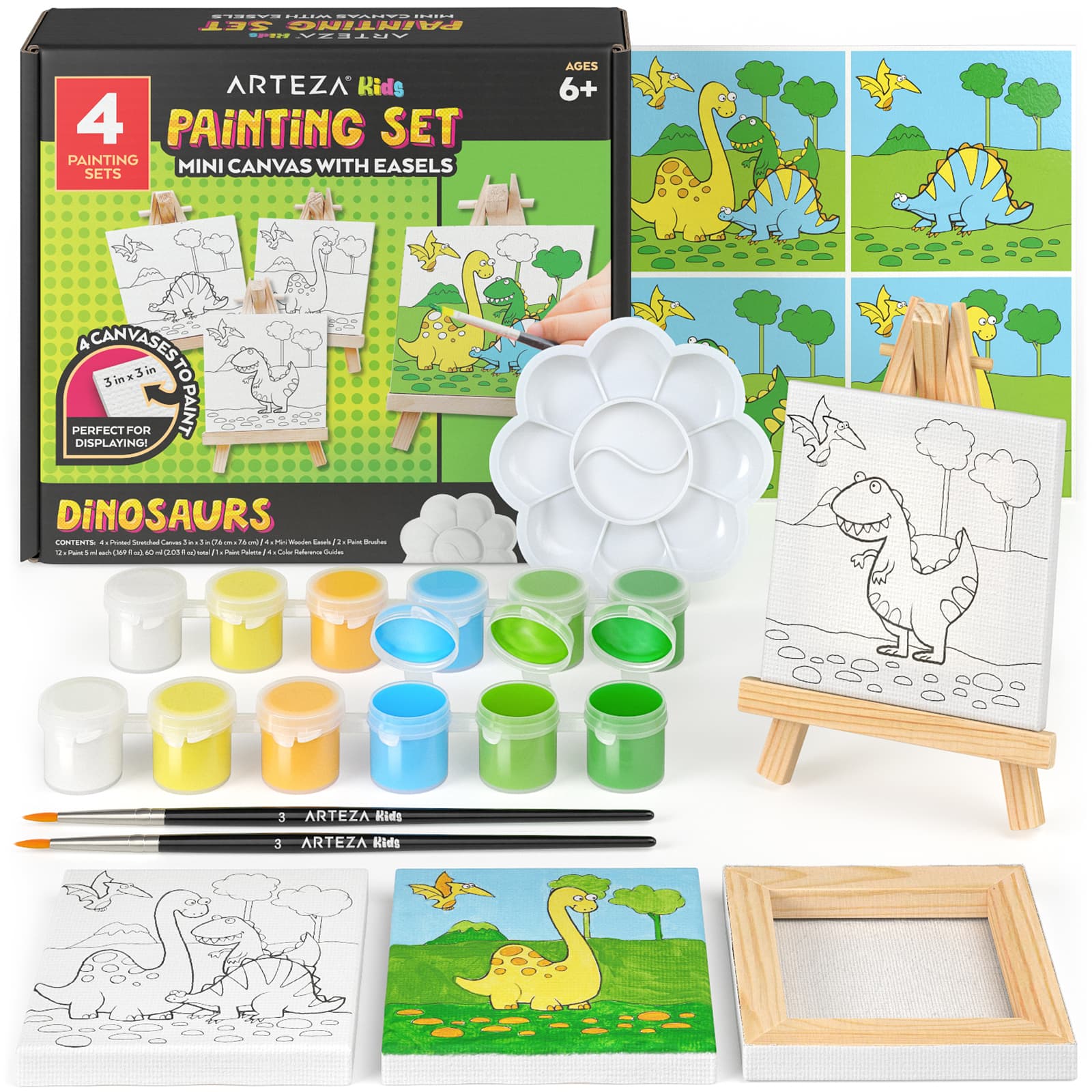 Arteza&#xAE; Kids Canvas Paint Kit, 4 Mini Canvas- 3 x 3 with Easel, Dinosaurs