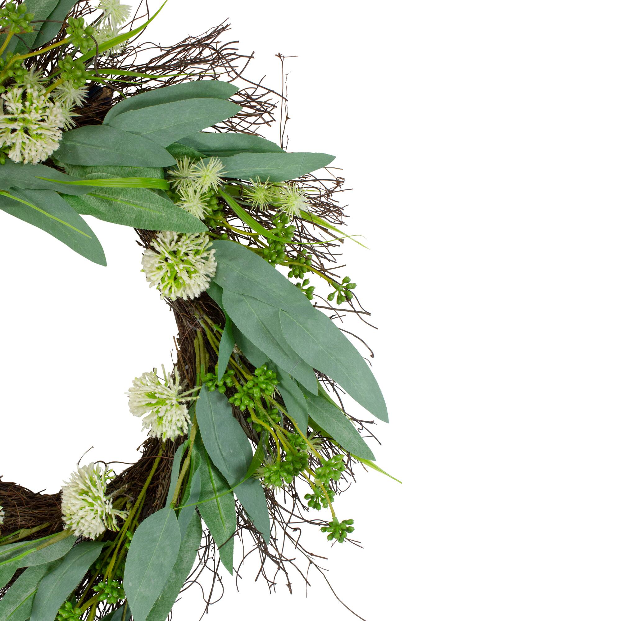 23&#x22; Green &#x26; White Olive Leaf &#x26; Floral Twig Spring Wreath