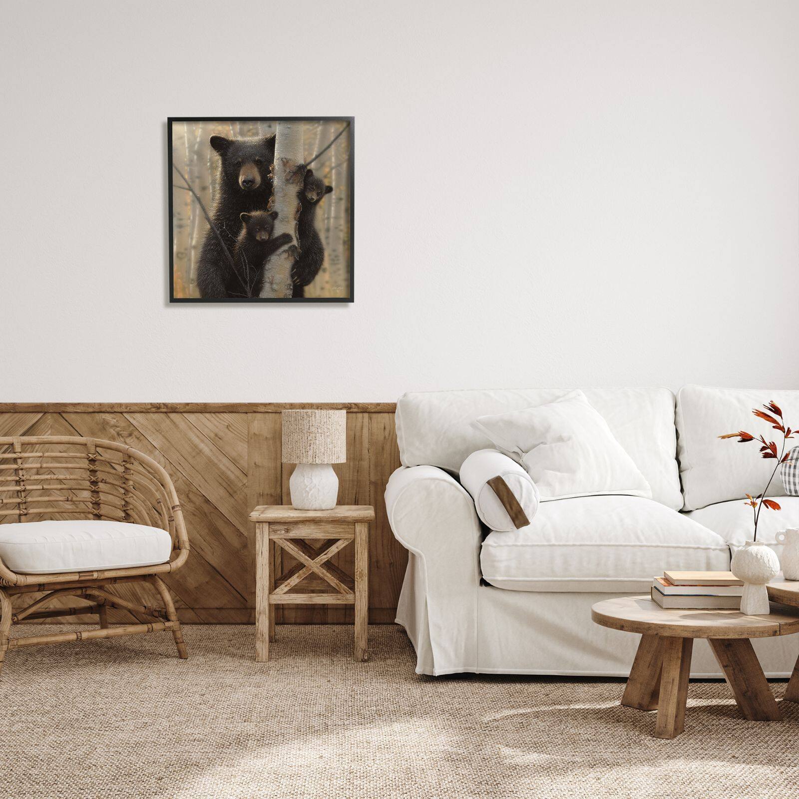 Stupell Industries Black Bear and Cubs Soft Birch Tree Forest Framed Wall Art