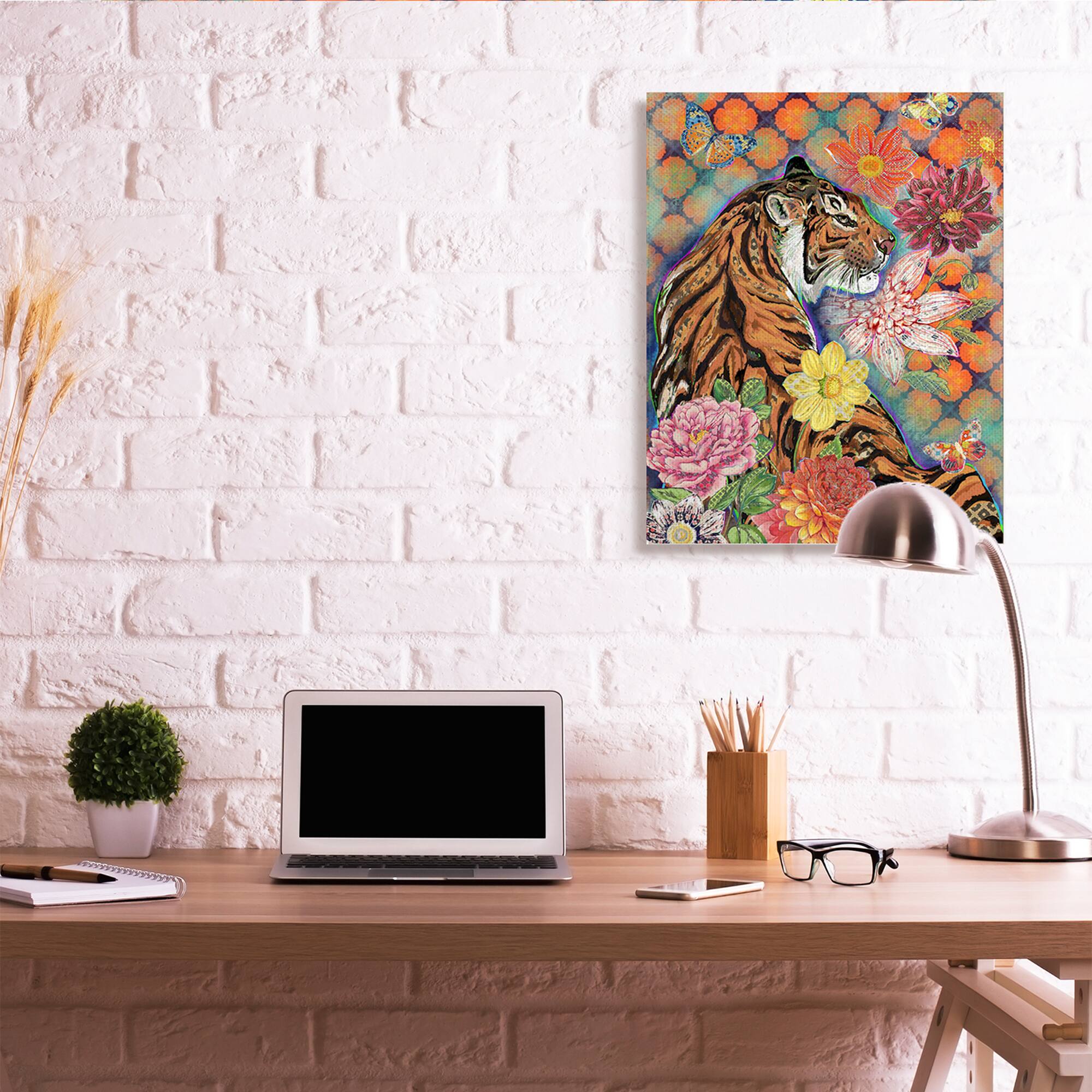Stupell Industries Jungle Tiger Cat Over Orange Arabesque Floral Pattern Canvas Wall Art