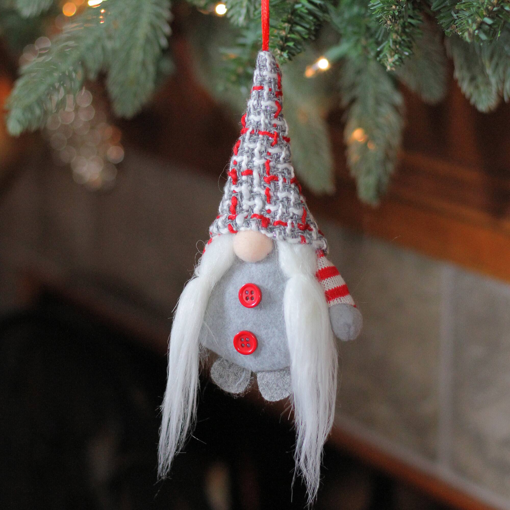 6&#x22; Gray &#x26; Red Plaid Santa&#x27;s Helper Gnome Hat Knit Ornament