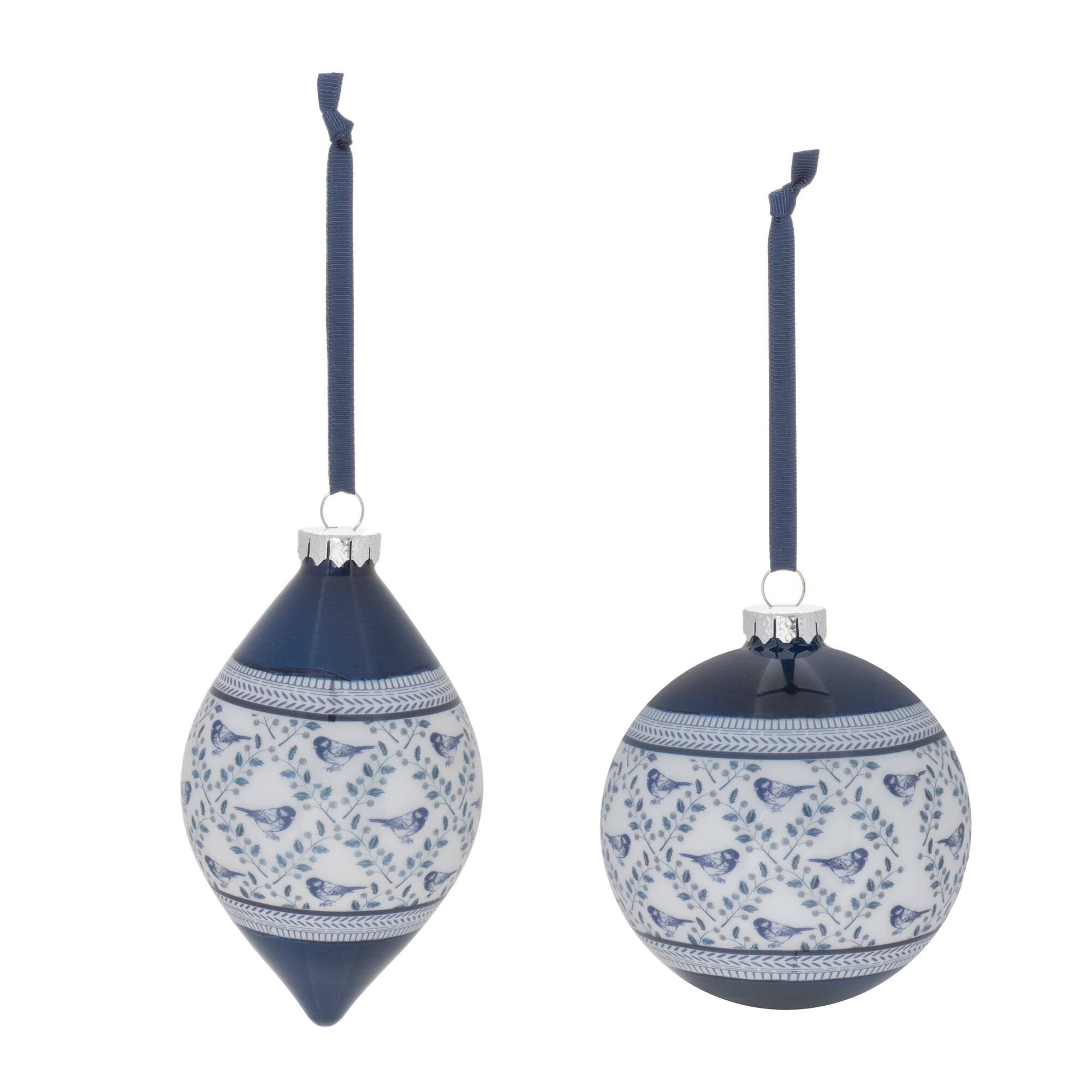 White & Blue Glass Bird & Floral Print Christmas Ornaments Set