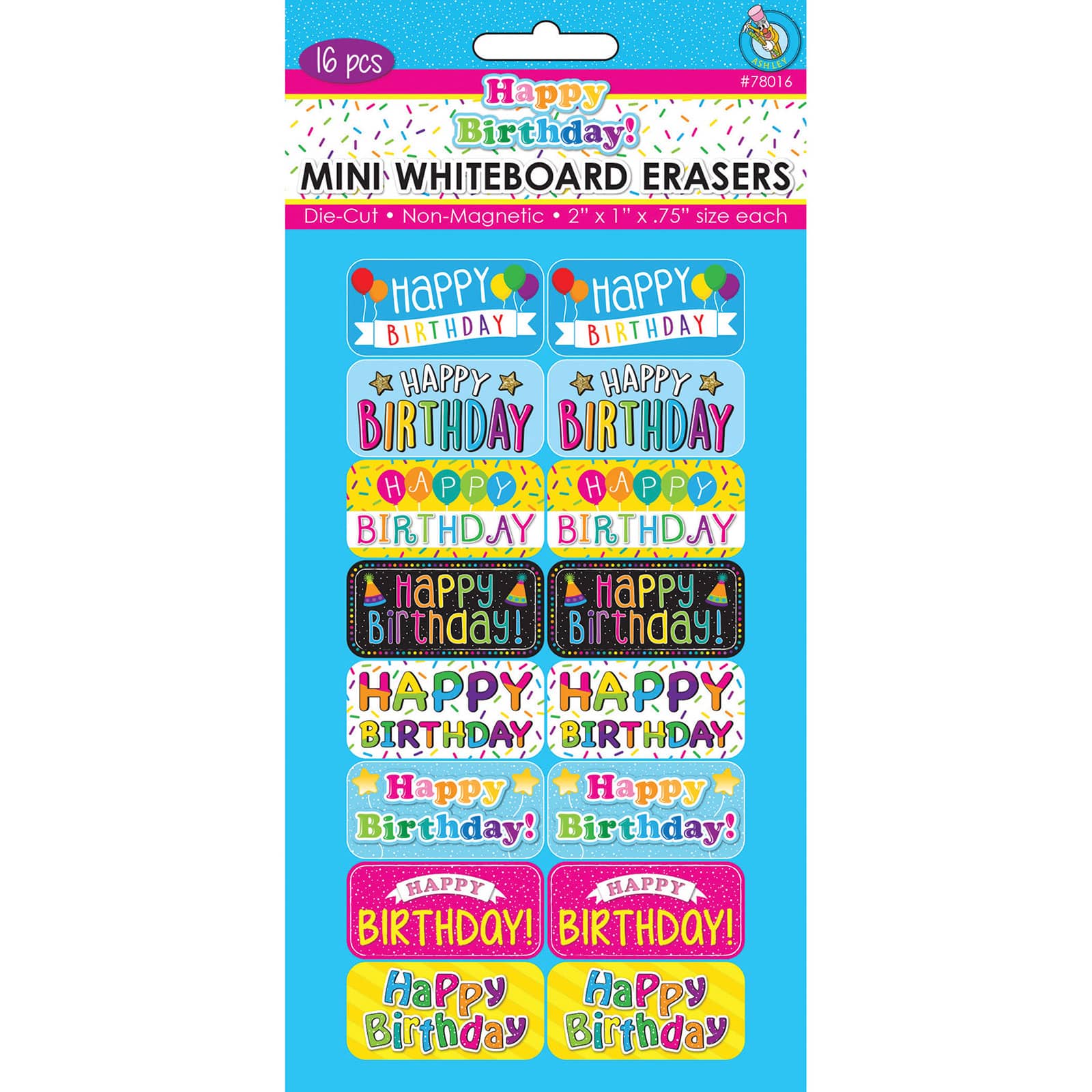 Ashley Productions Happy Birthday Non-Magnetic Mini Whiteboard Erasers, 16ct.