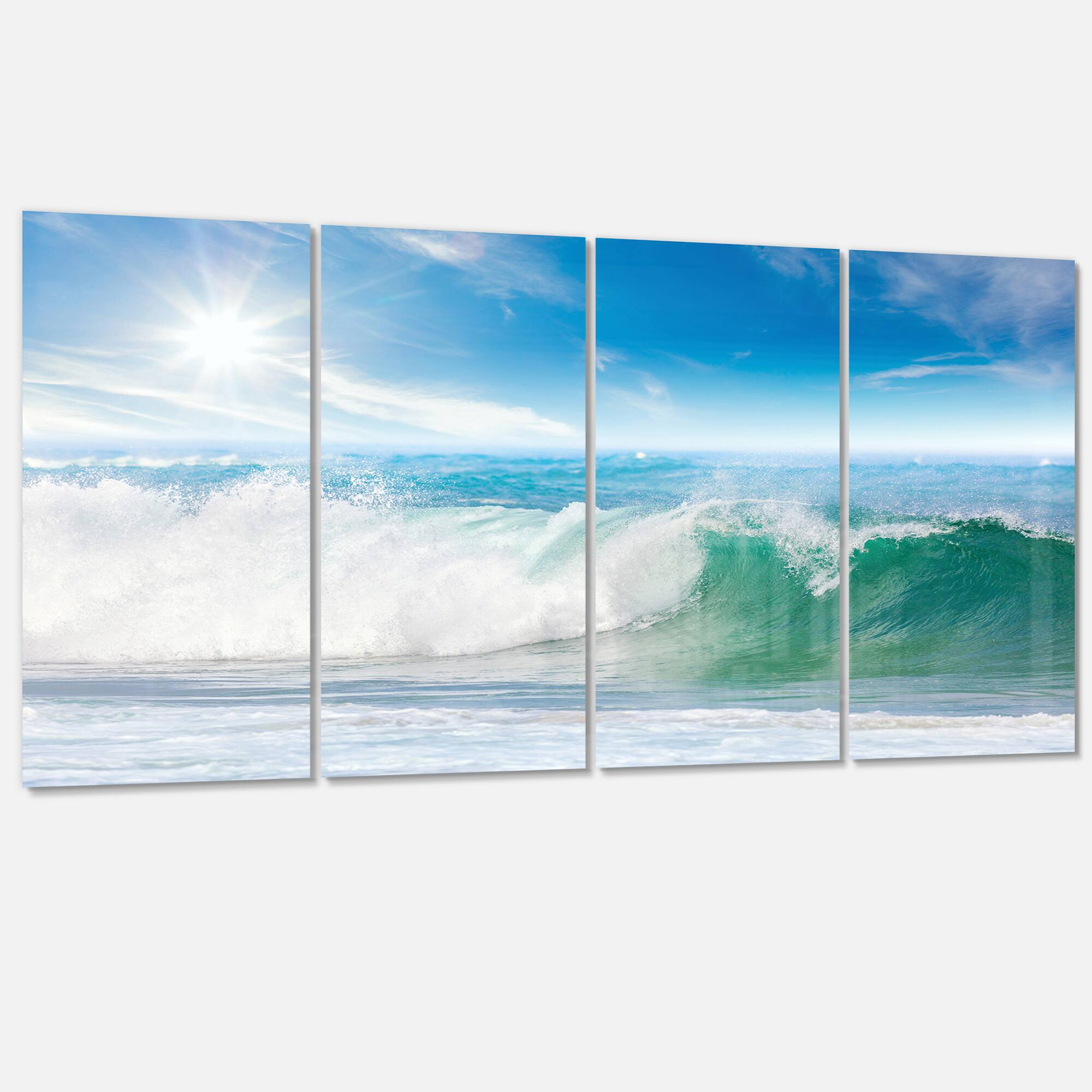 Designart - White and Blue Waves under Sun - Seascape Canvas Art Print