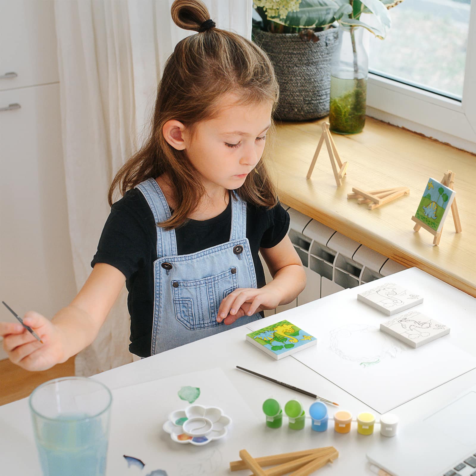 Arteza&#xAE; Kids Canvas Paint Kit, 4 Mini Canvas- 3 x 3 with Easel, Dinosaurs