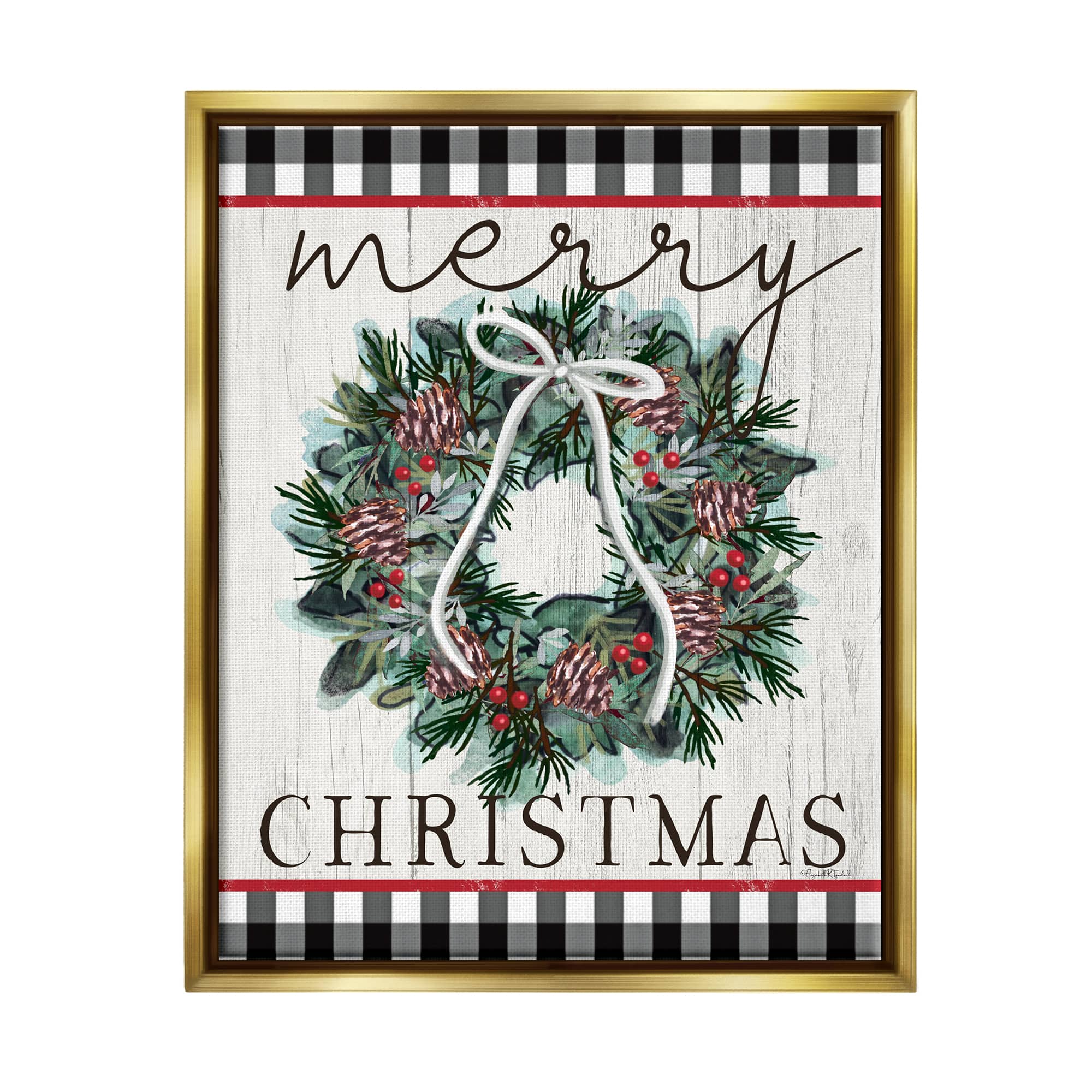 Stupell Industries Merry Christmas Tartan Wreath Framed Floater Canvas Wall Art