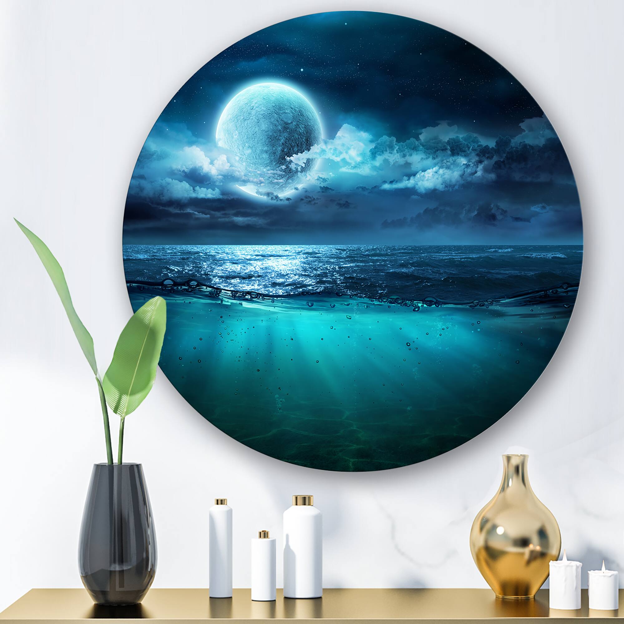 Designart - Romantic Moon Over Deep Blue Sea II - Nautical & Coastal Metal Circle Wall Art