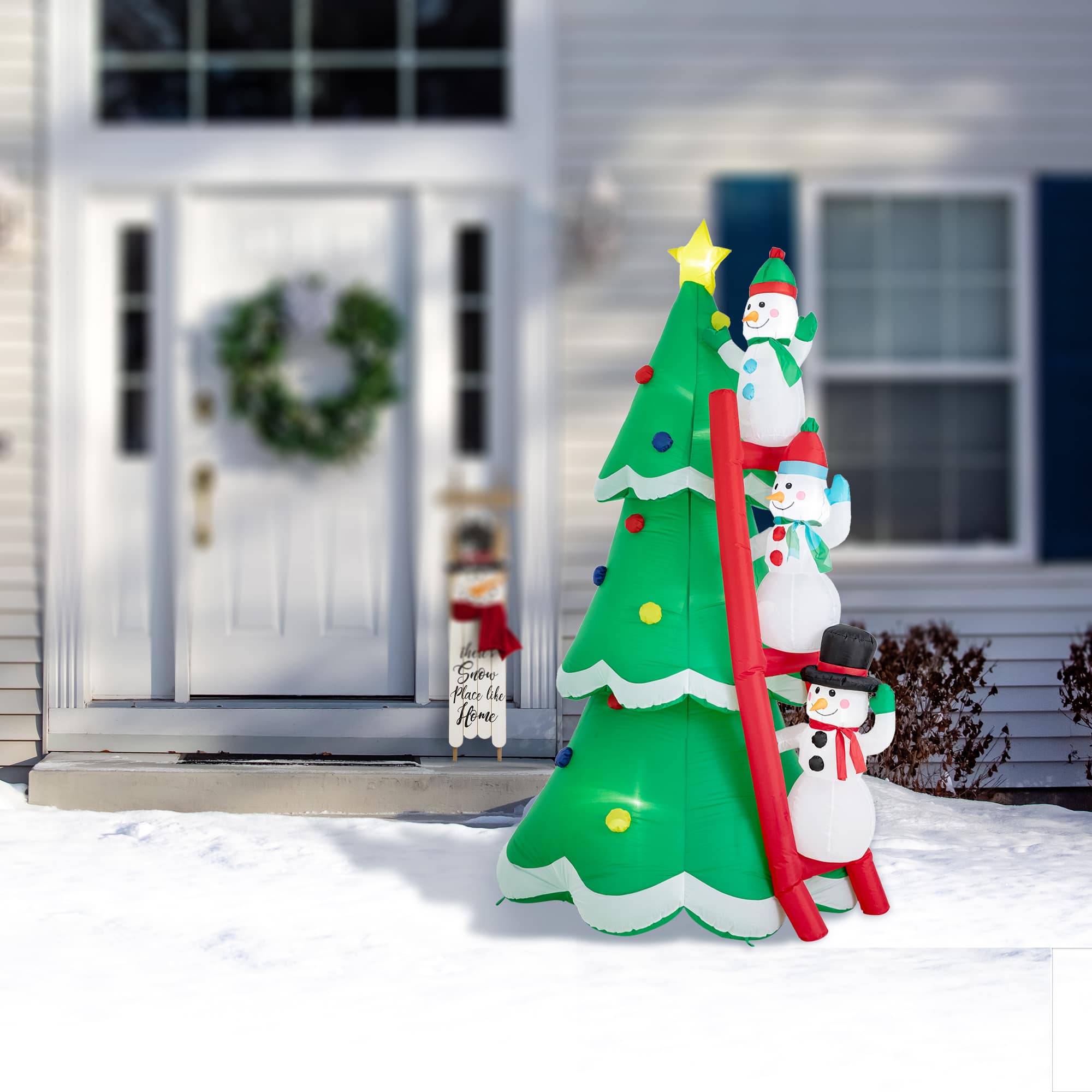 Glitzhome® 8ft. Lighted Inflatable Xmas Snowman Climbing Up Tree Décor
